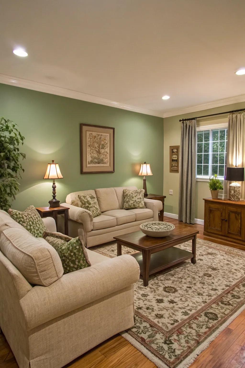 A living room showcasing a sage green accent wall as a focal point.