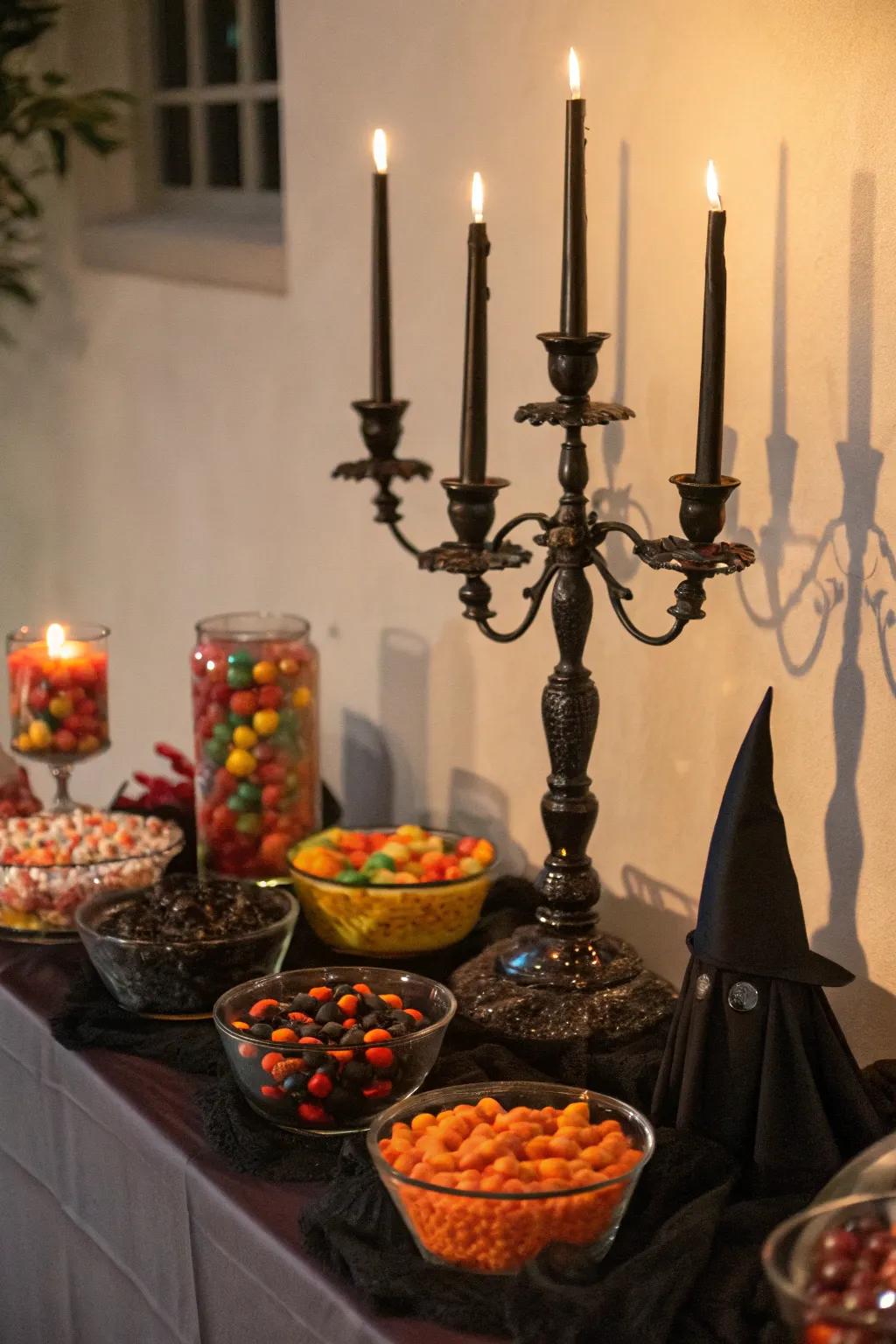 The ultimate mysterious atmosphere with old candle holders and flickering lights.