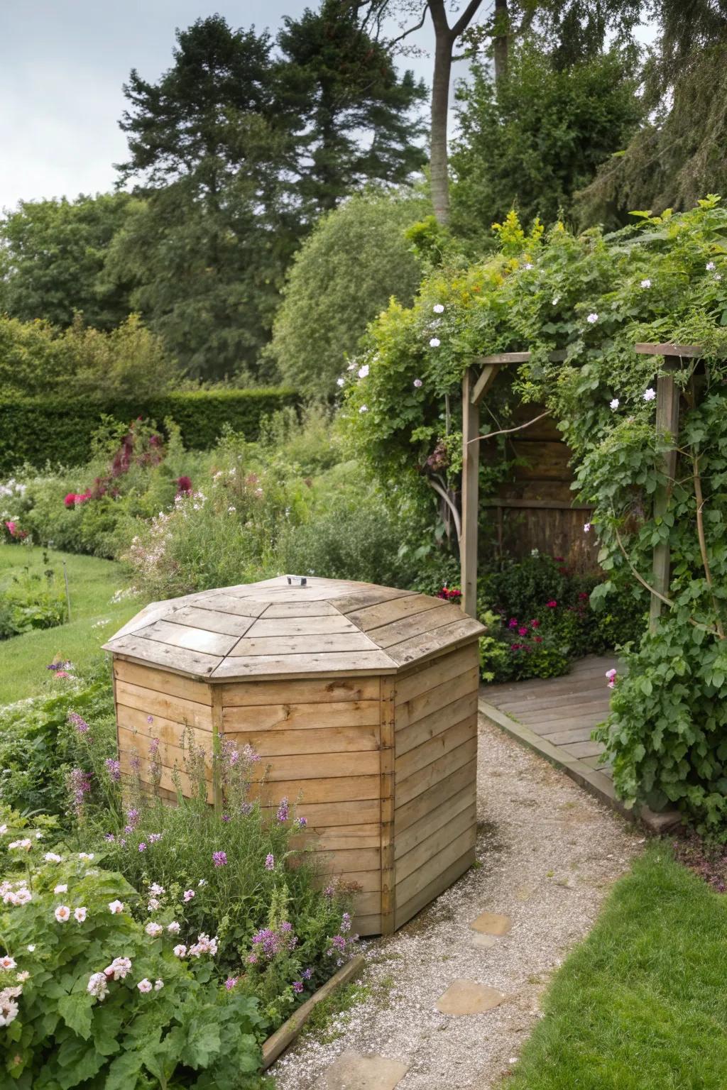 A geometric wooden enclosure marries style with functionality.