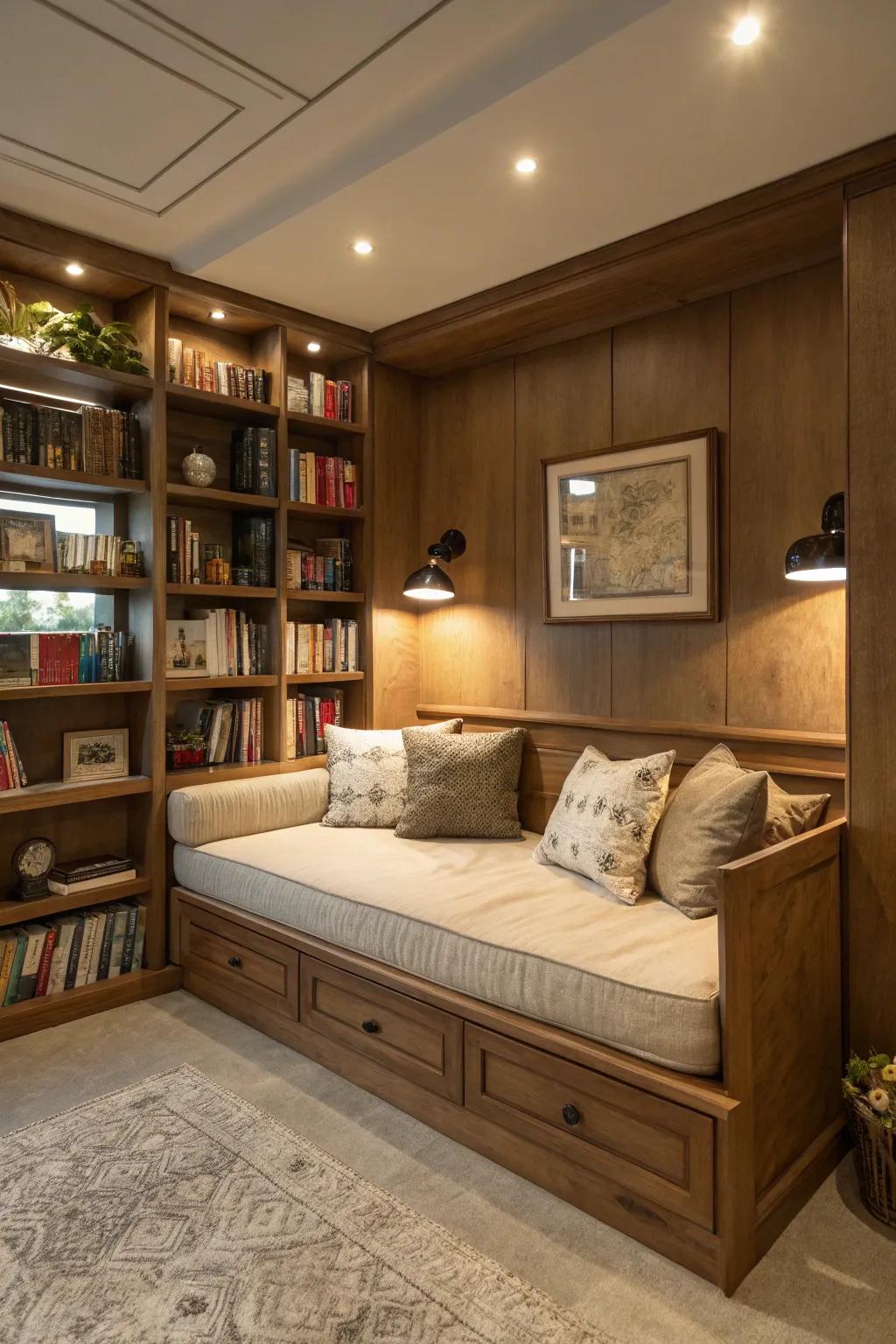 Create a cozy reading nook in your she shed with built-in bookshelves and a comfortable daybed.