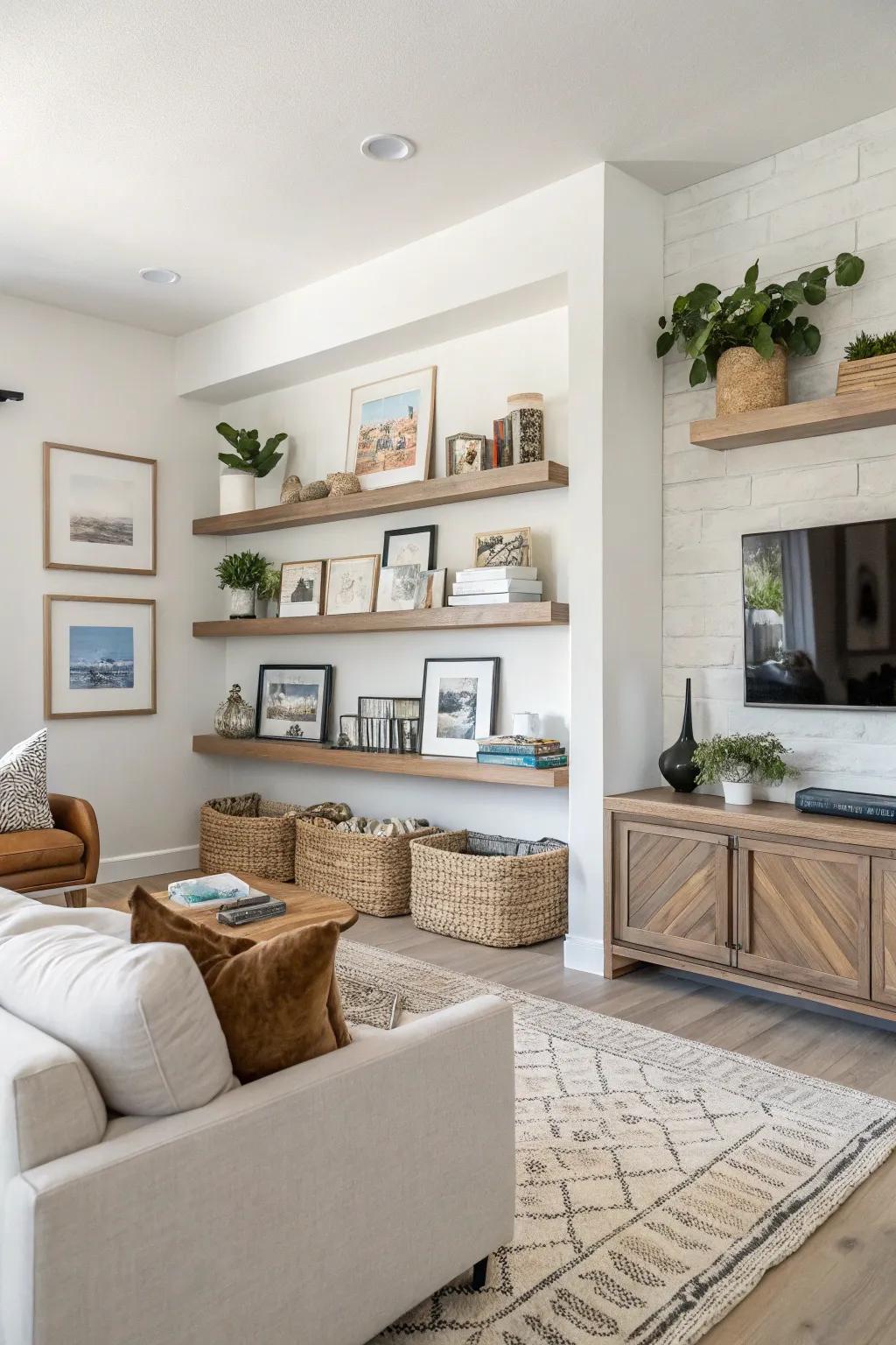 Modern living room featuring floating shelves with travel souvenirs.