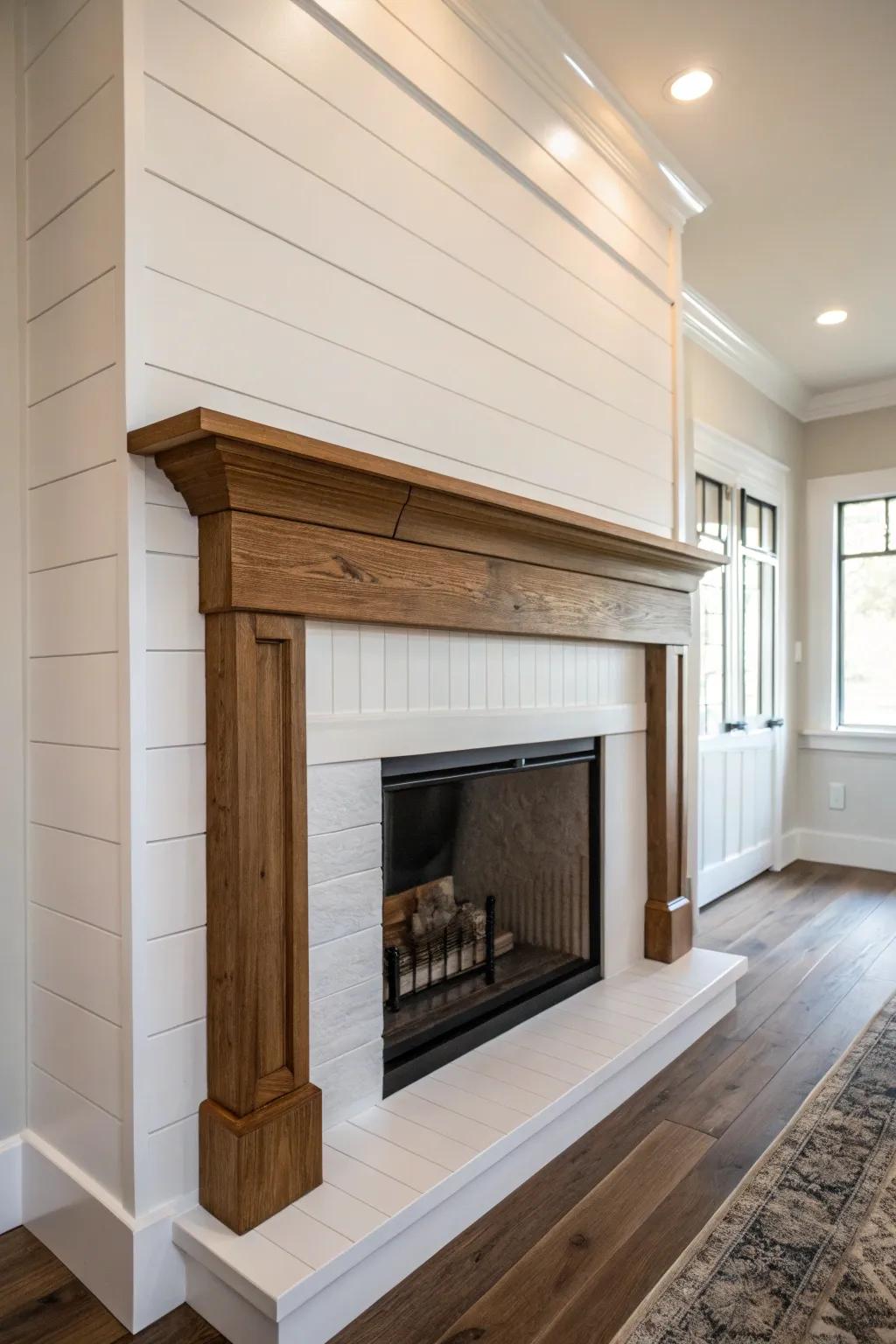 A classic white shiplap fireplace adds elegance and brightness to any room.