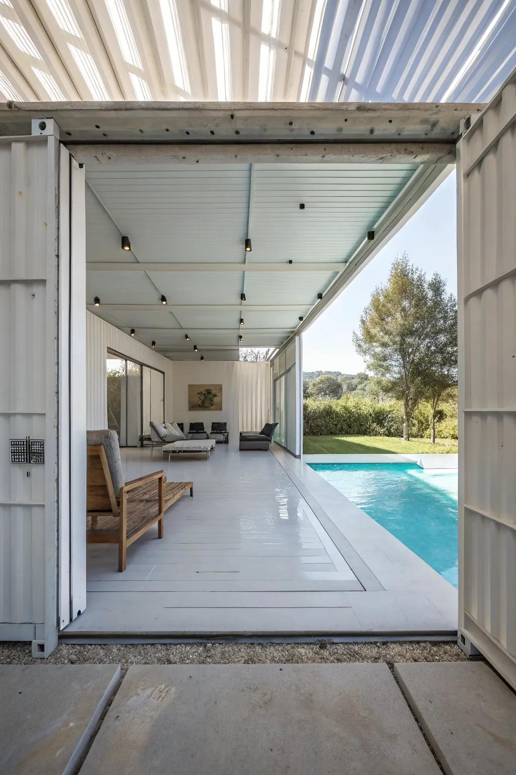 A minimalist pool house featuring sleek design and simplicity.