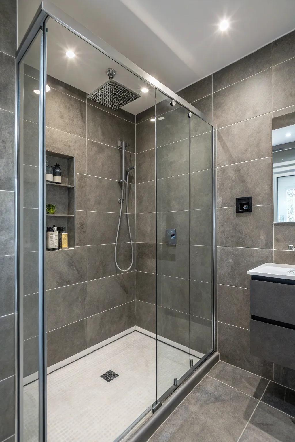 Sleek grey tiles for a modern shower aesthetic.