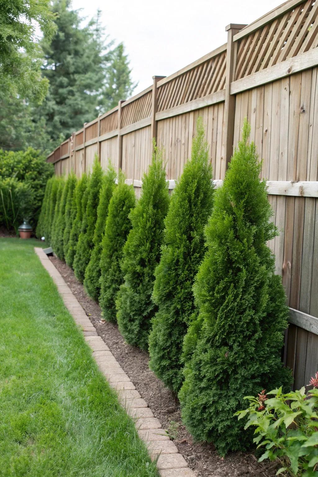 Evergreen shrubs lend a classic, lush appearance to fence borders throughout the year.