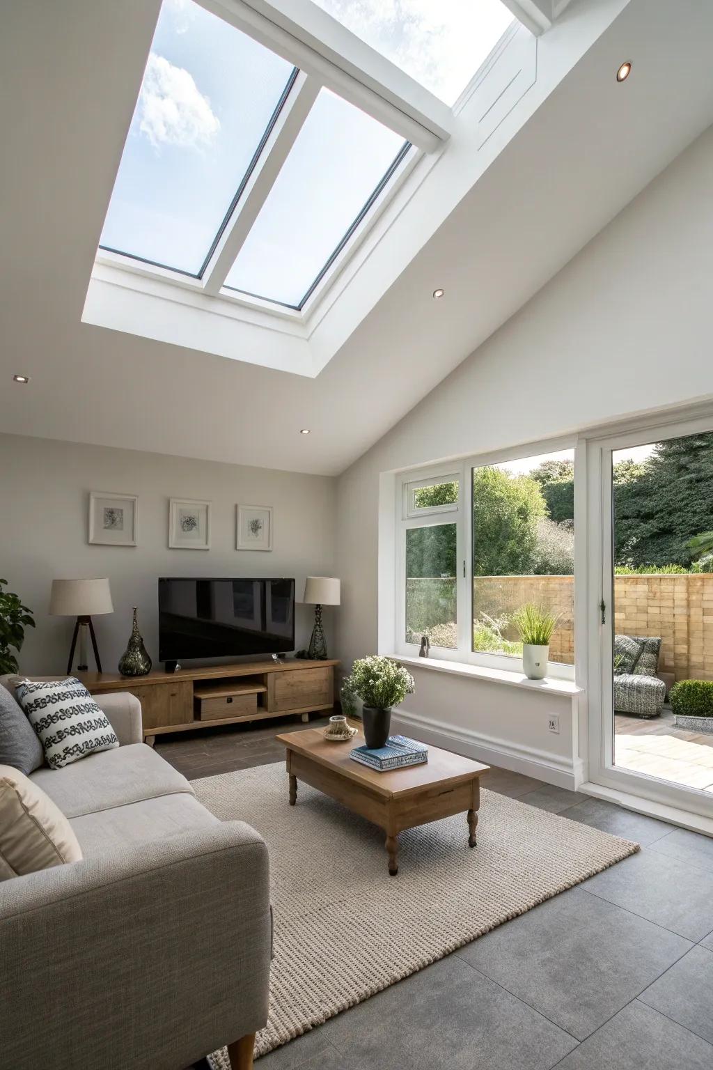 A minimalist living area with a skylight elegantly framed by sleek trim.