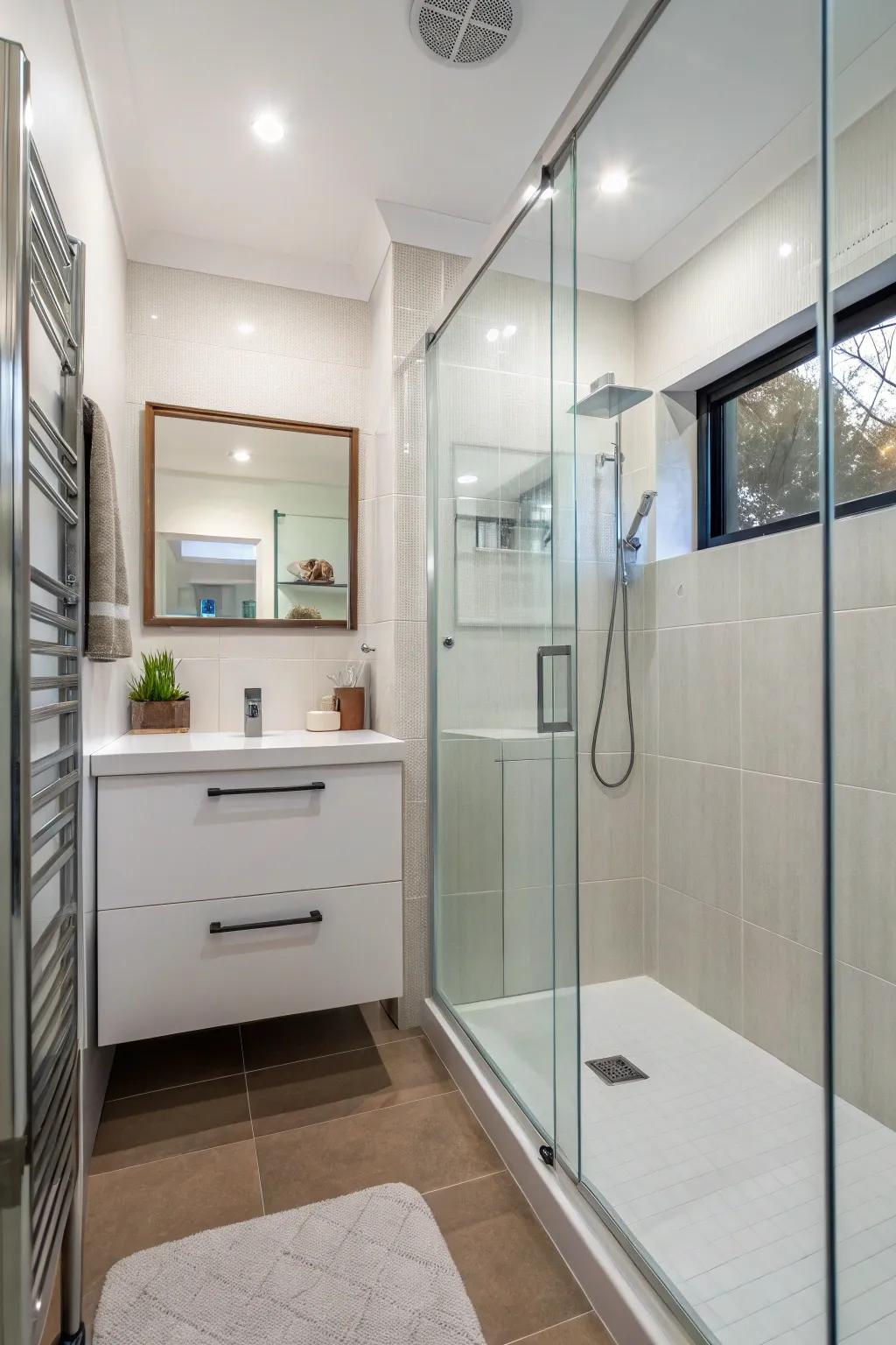 A walk-in shower with glass doors can make a small bathroom feel larger.