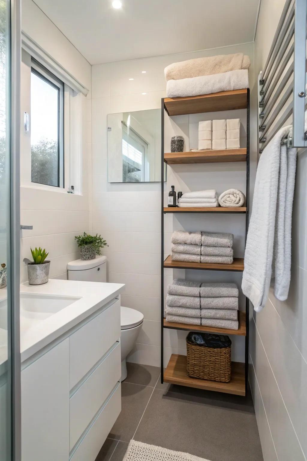 Shelves mounted on the wall take advantage of vertical space for stowing towels.