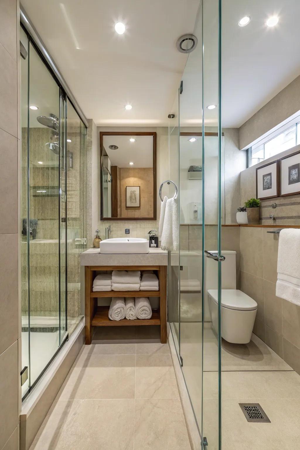 See-through panels boost the sense of space in compact bathrooms.