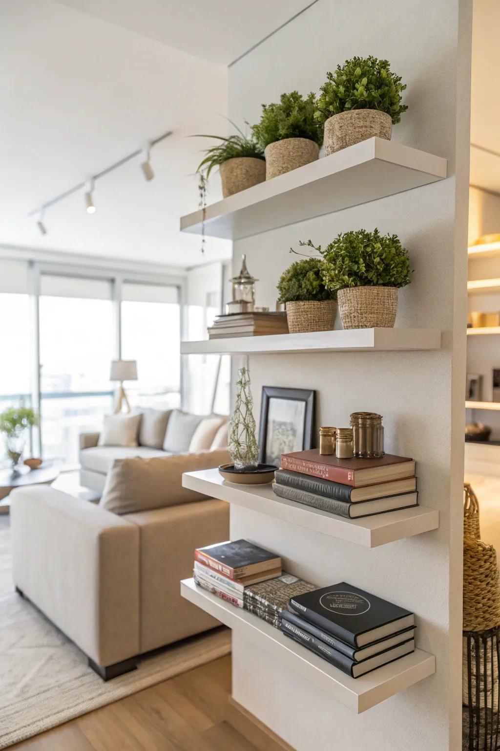 Floating shelves offer storage without taking up floor space.