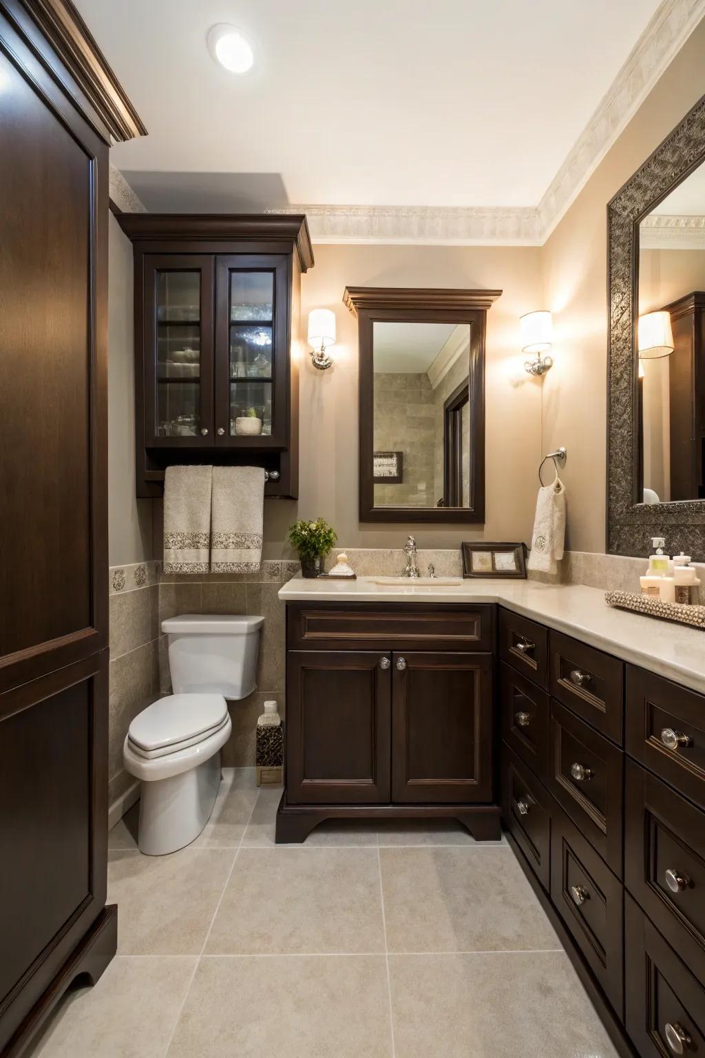 Dark brown cabinets add sophistication to a small bathroom.