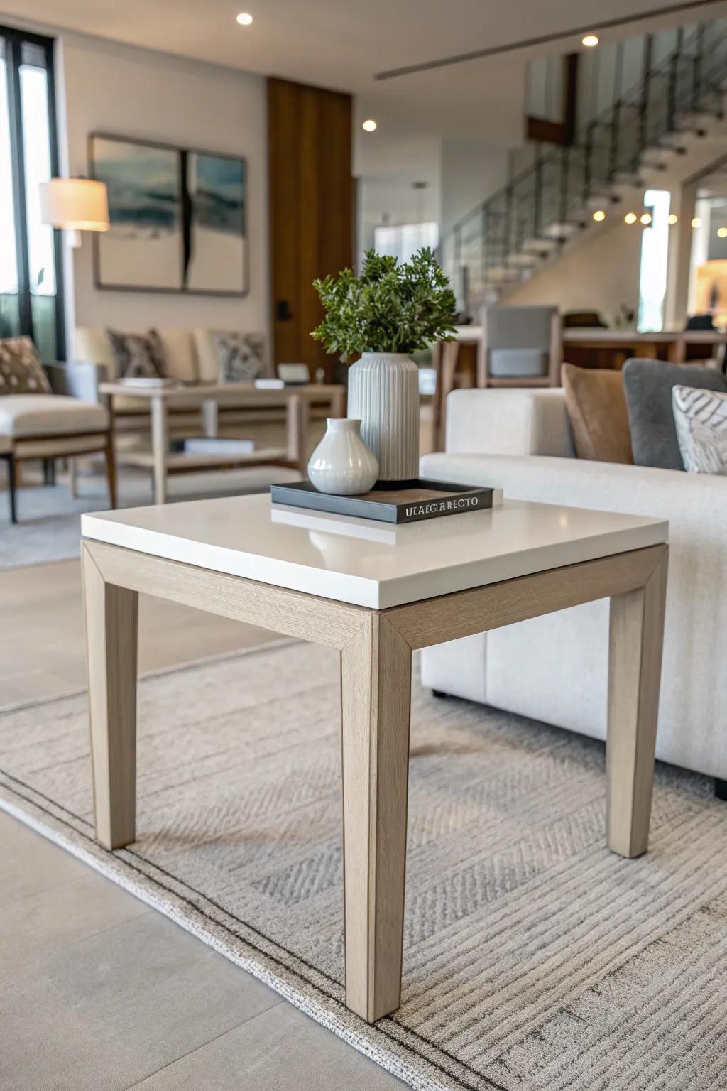 A minimalist end table brings elegance to a modern living area.