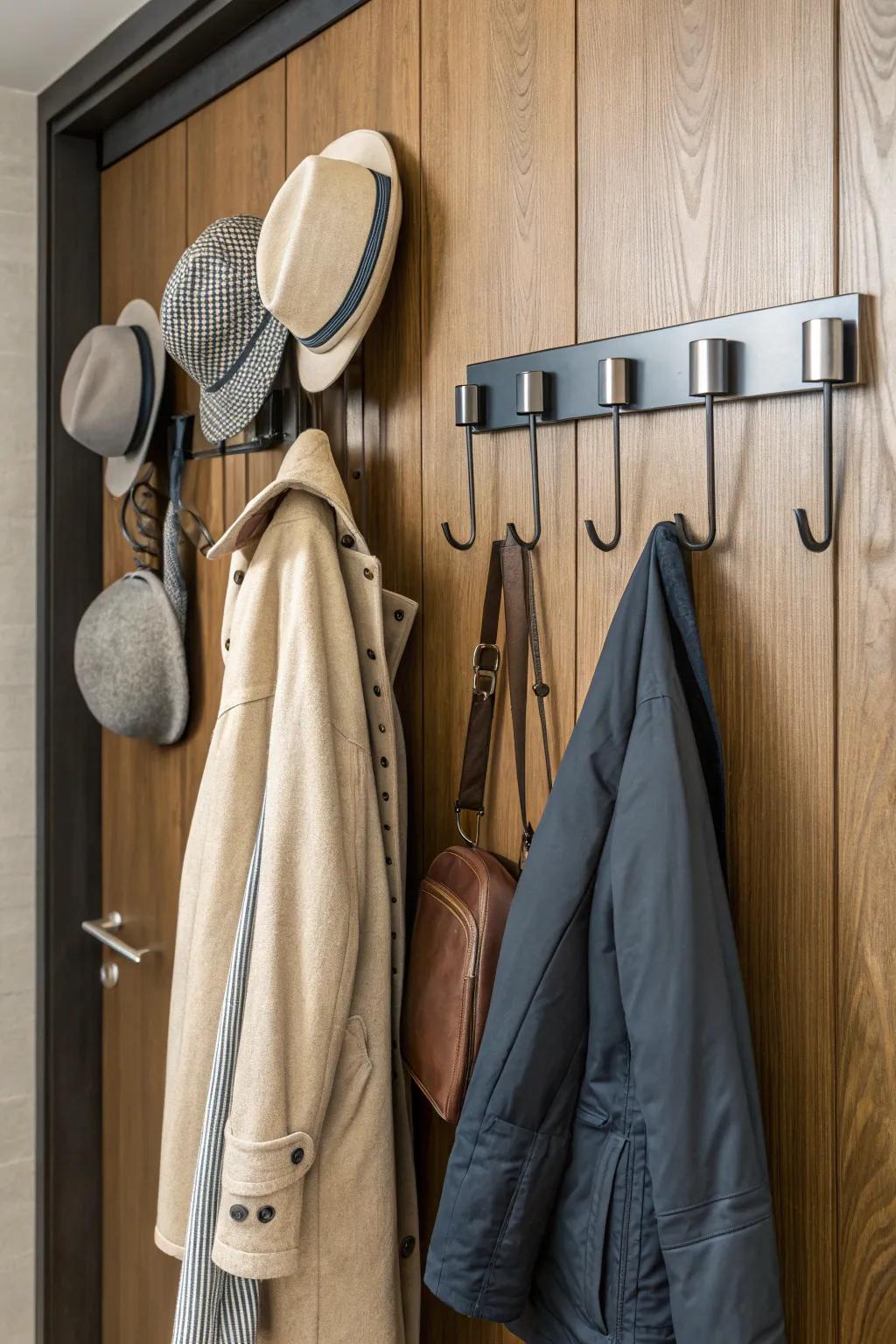 Wall hooks maintaining a tidy and efficient entryway.