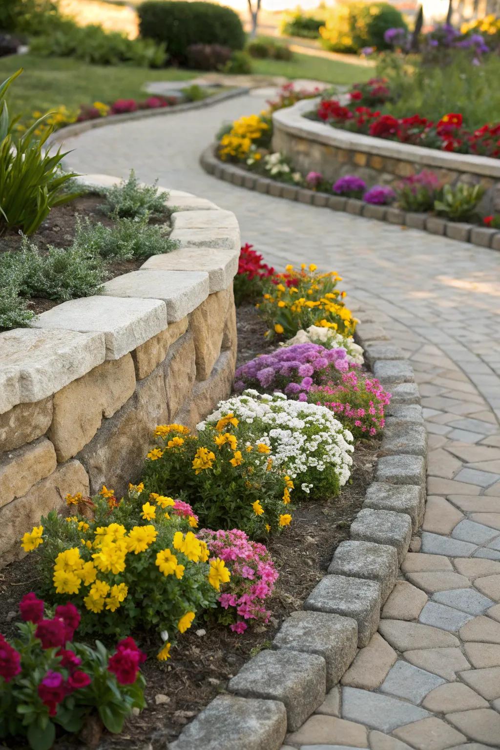 A charming small flower bed with elegant curved stone borders filled with vibrant flowers.