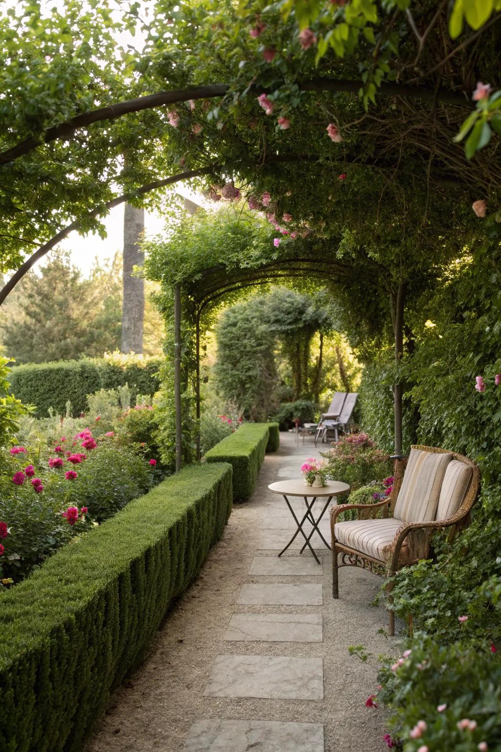 Small hedges beautifully framing a garden path.