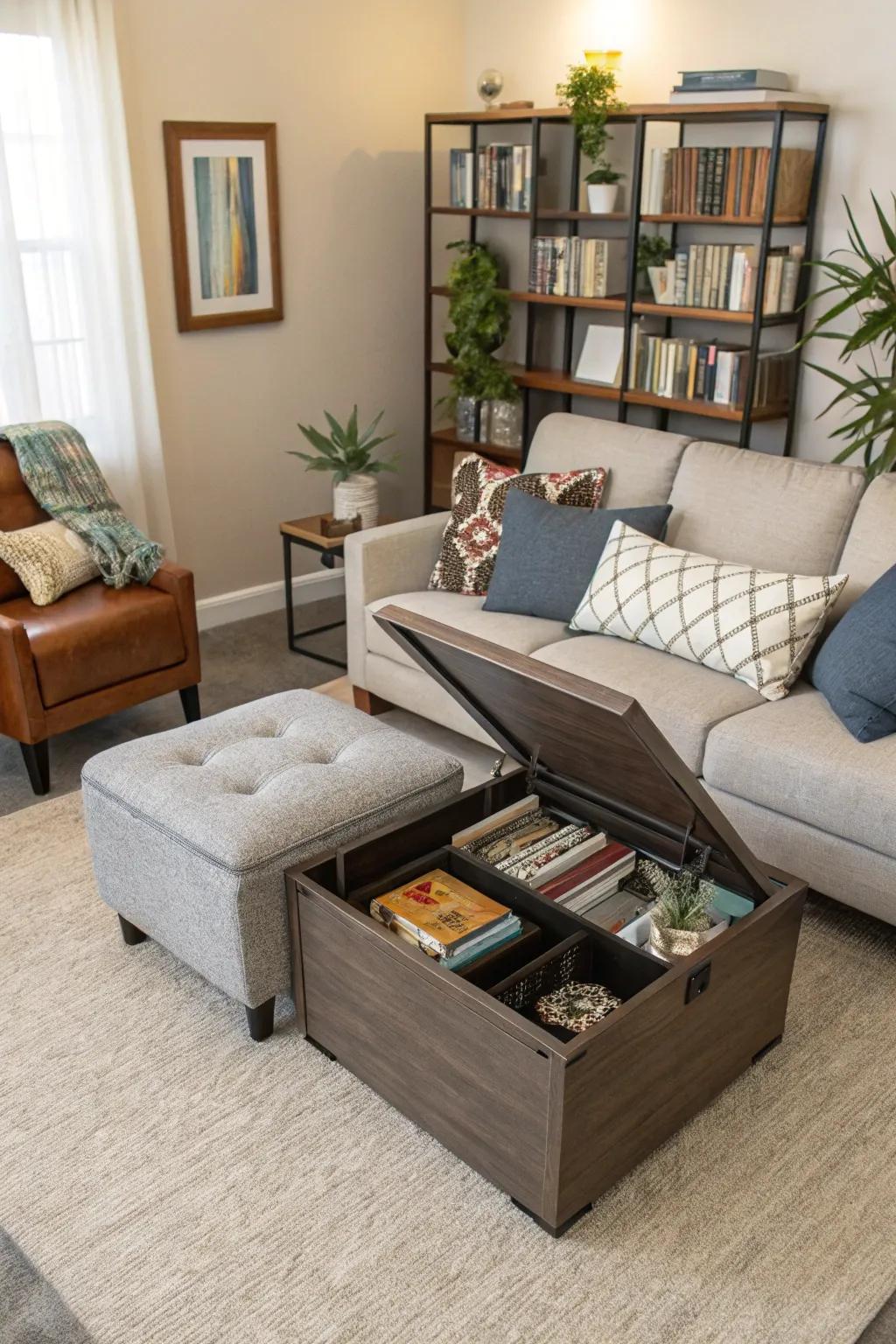 Multi-functional furniture keeps your small living room efficient and tidy.