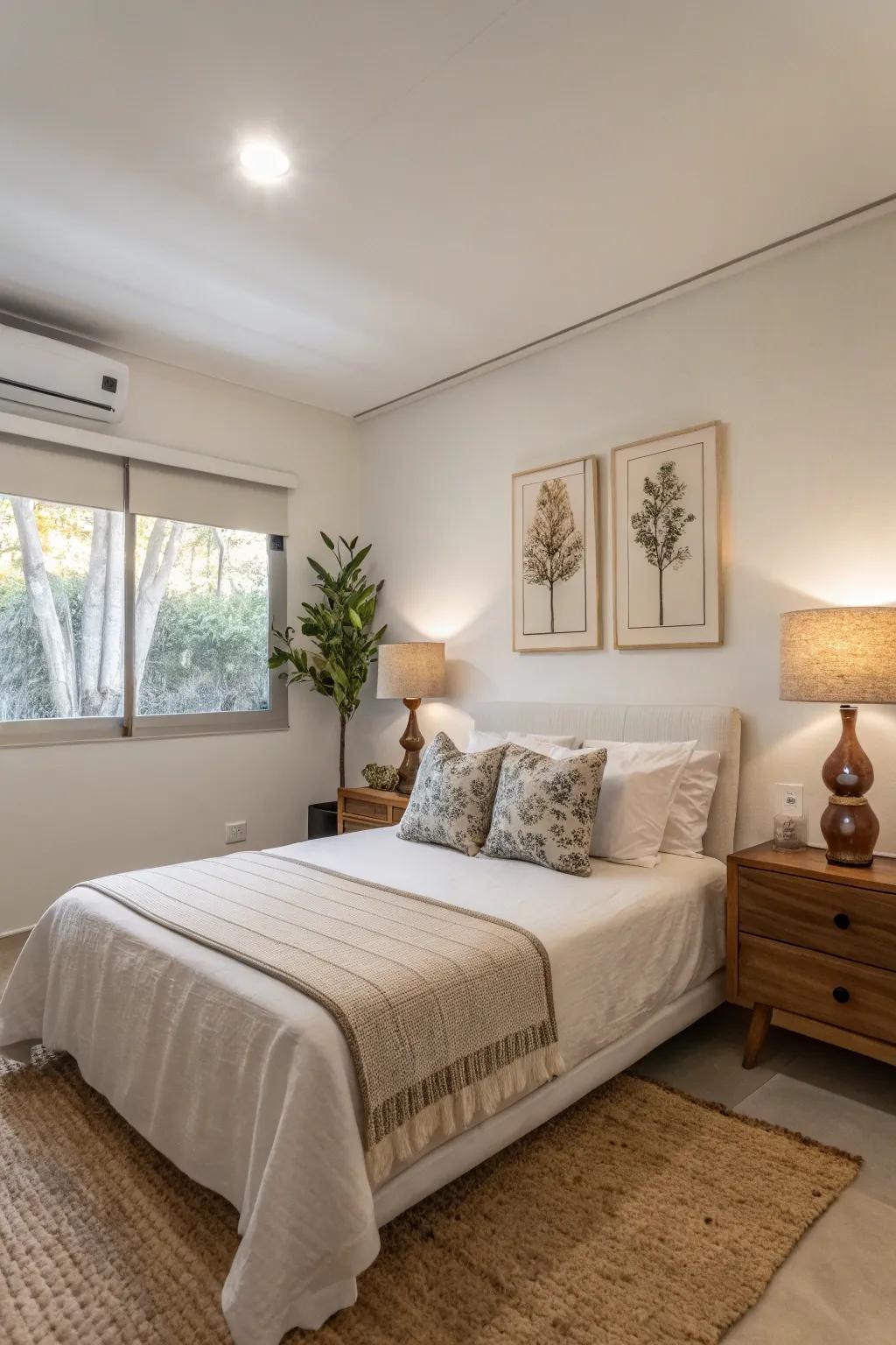 Streamlined decor in a small master bedroom elevates the feeling of space and serenity.
