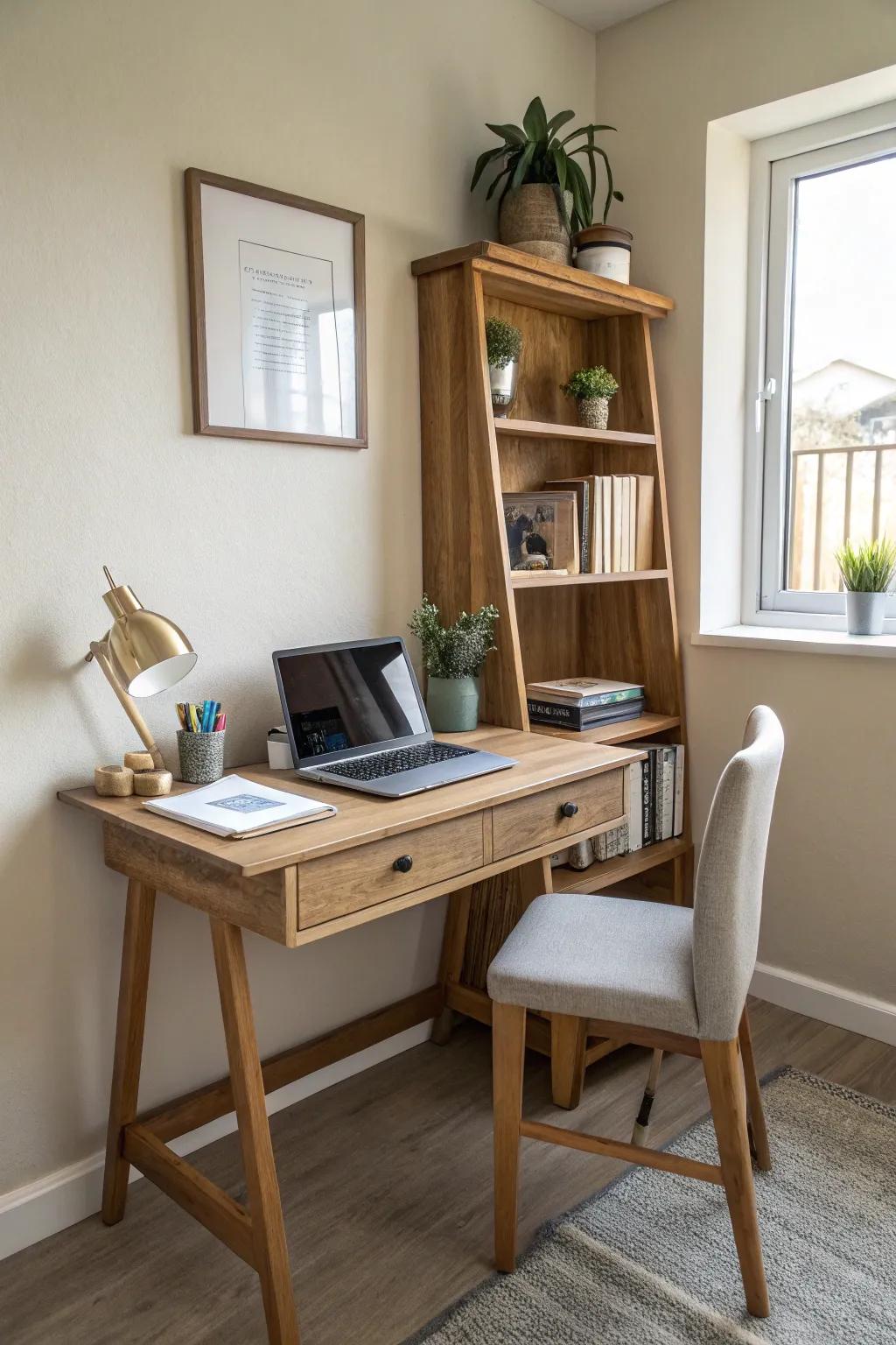 Compact desks with built-in storage maximize functionality in limited spaces.