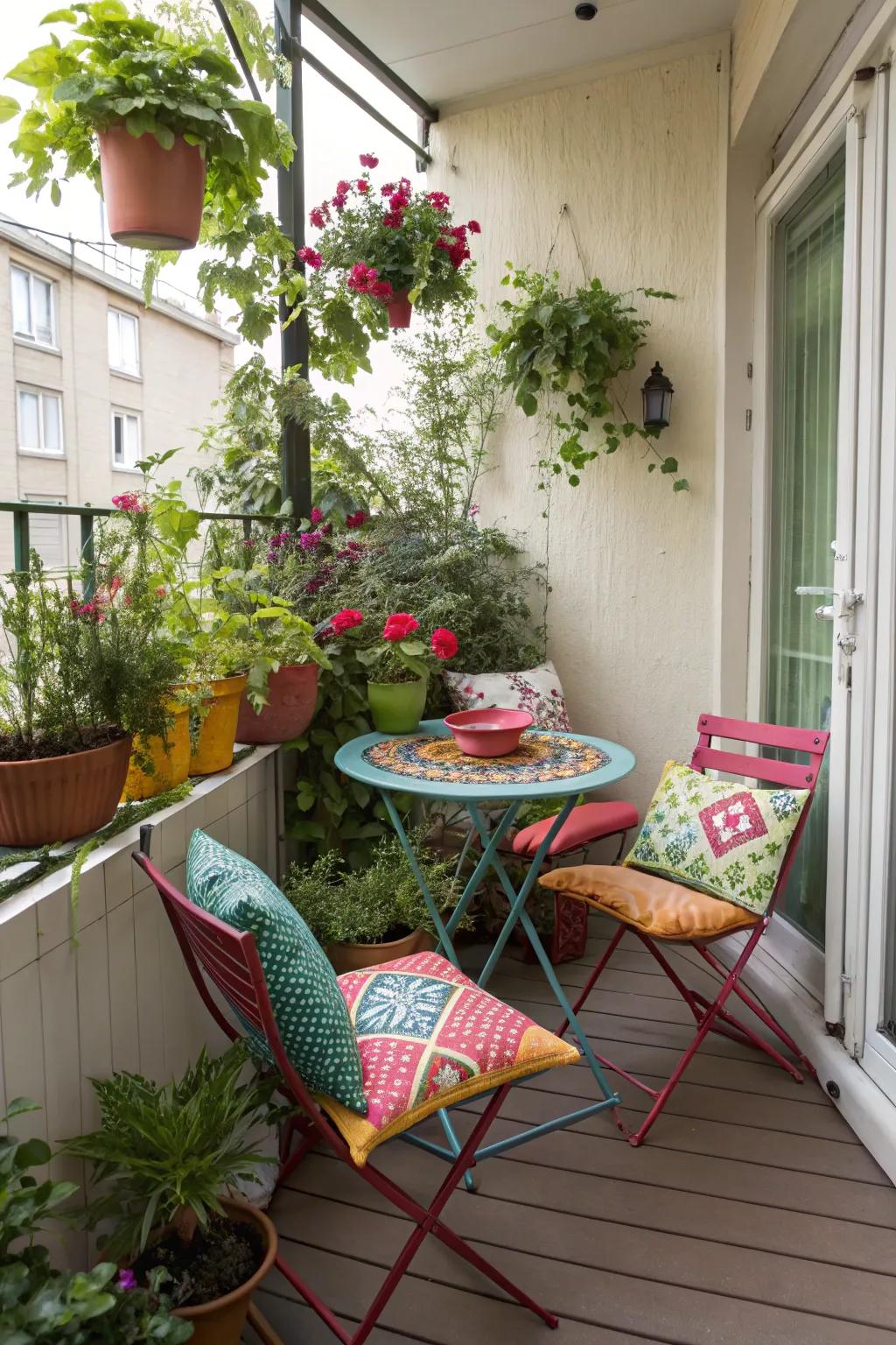 A vibrant bistro set adds charm and functionality to your small porch.