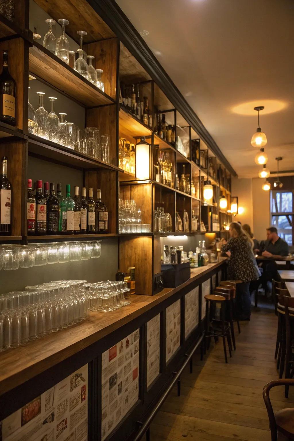 A small restaurant bar with wall-mounted shelves for efficient storage and display.