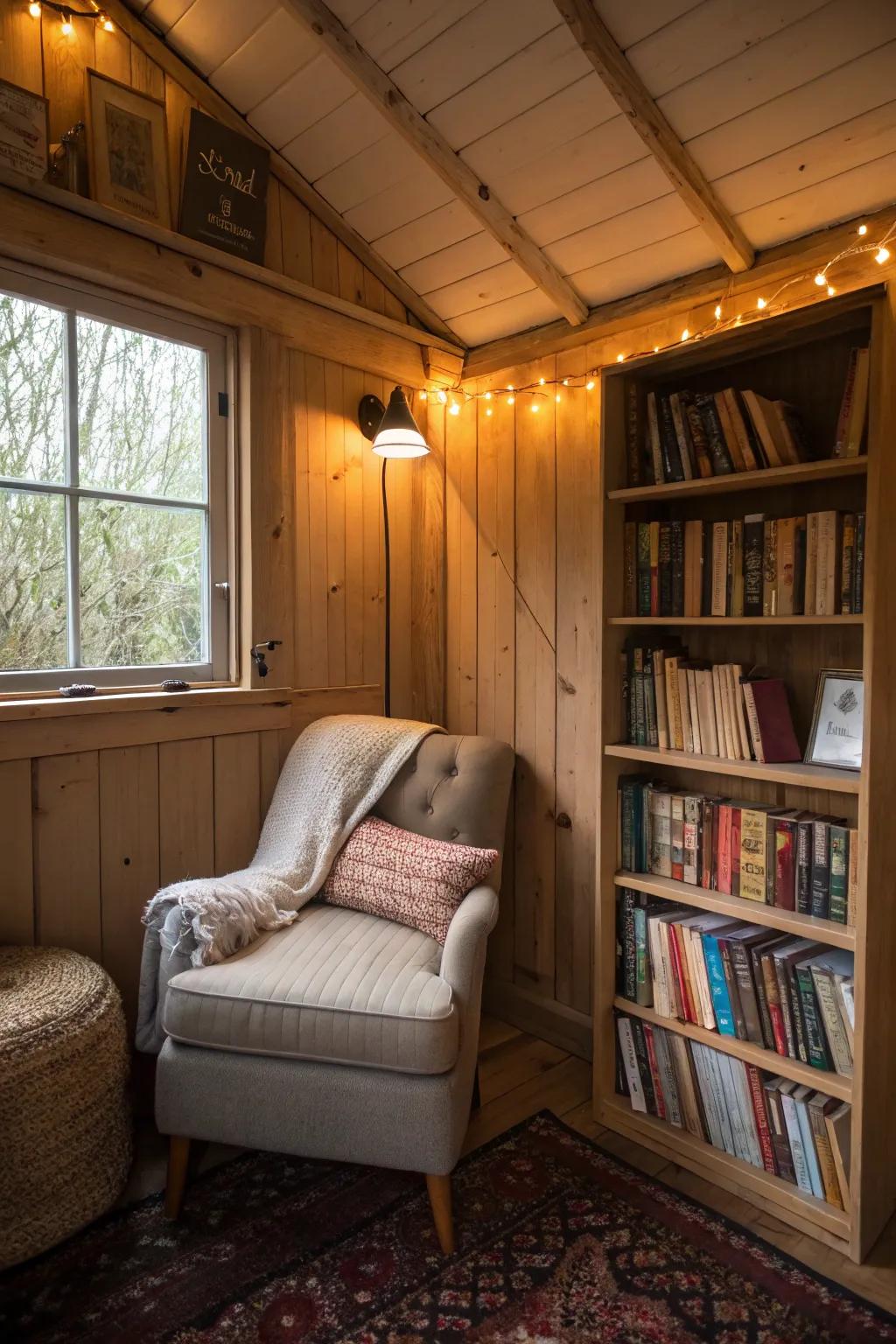 A quaint reading nook inside a small shed, ideal for book lovers.