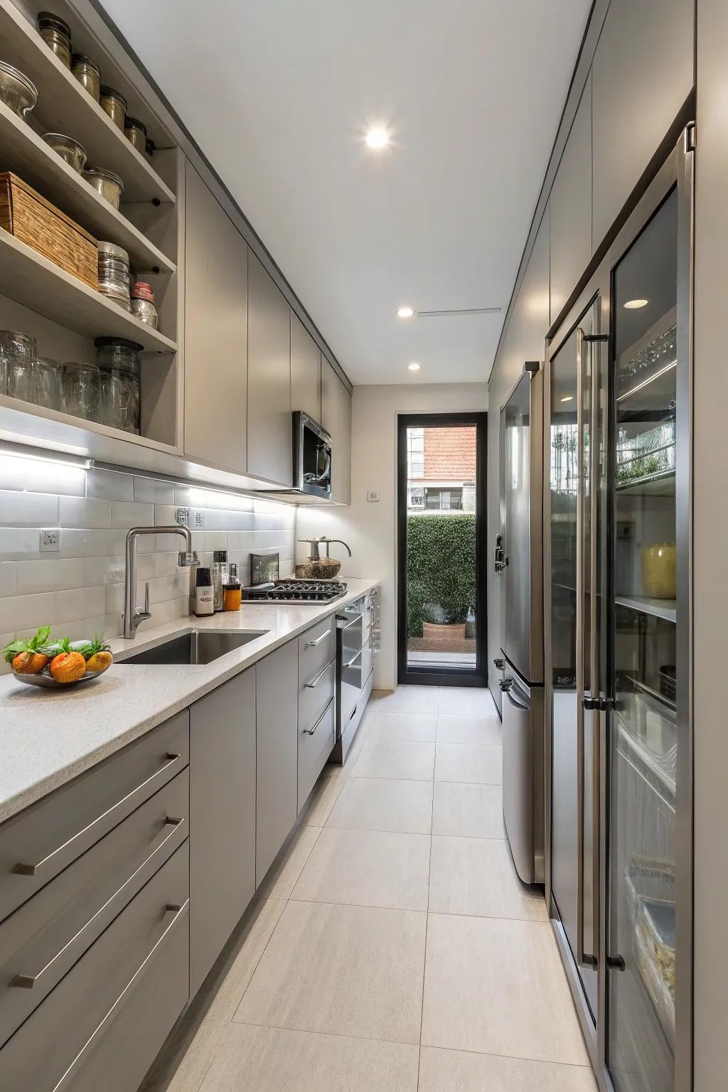 A sleek galley kitchen that maximizes space and functionality.