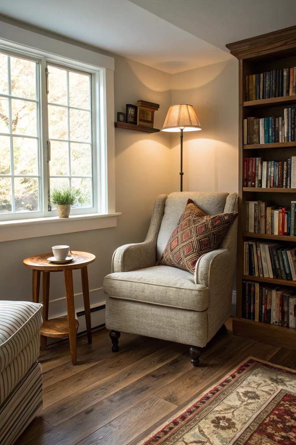 A serene reading corner in your walkout basement can become your personal sanctuary.