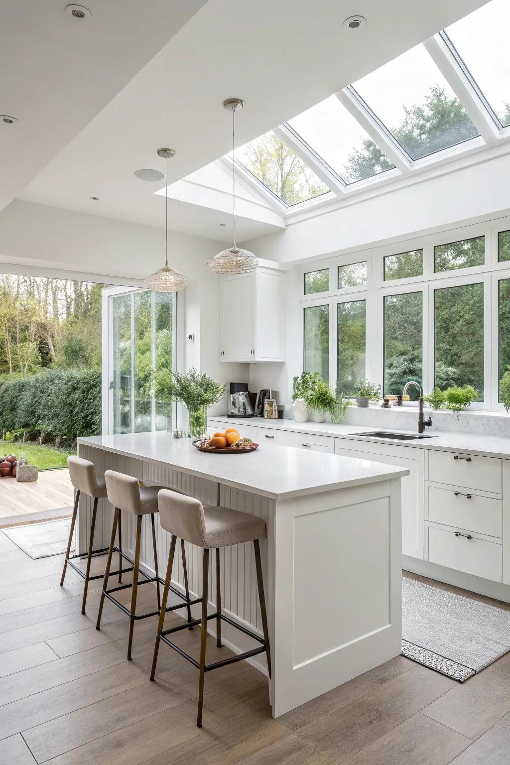 Natural light makes a small white kitchen feel more spacious.