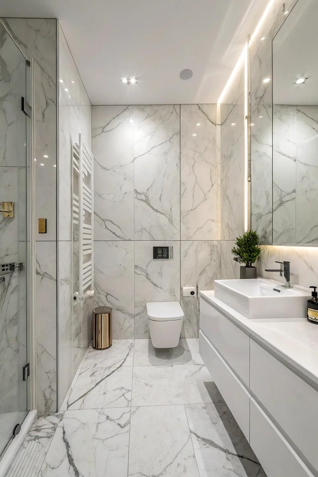 Marble from floor to ceiling makes the room feel taller and more elegant.
