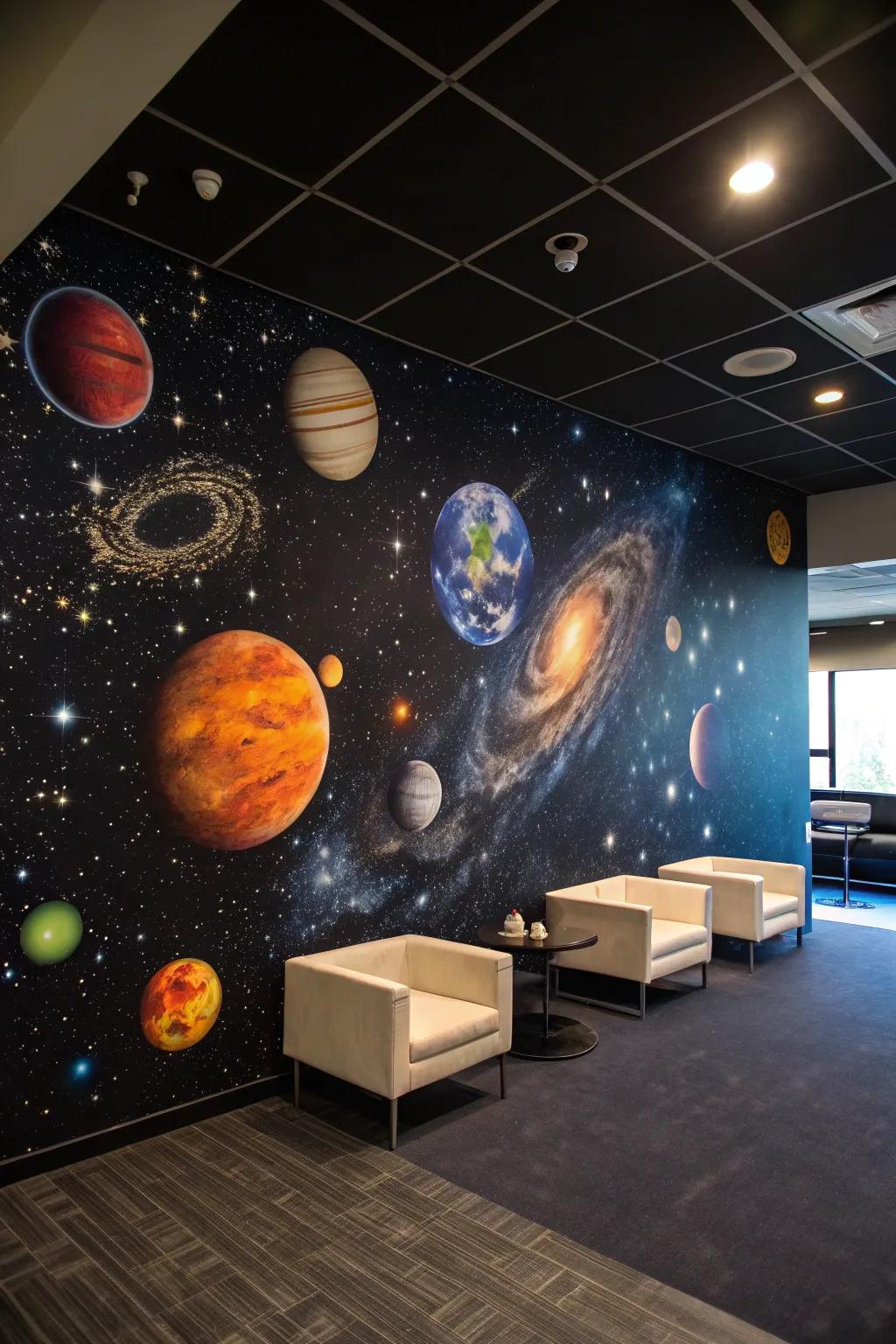 A planetary mural creates an immersive cosmic experience.