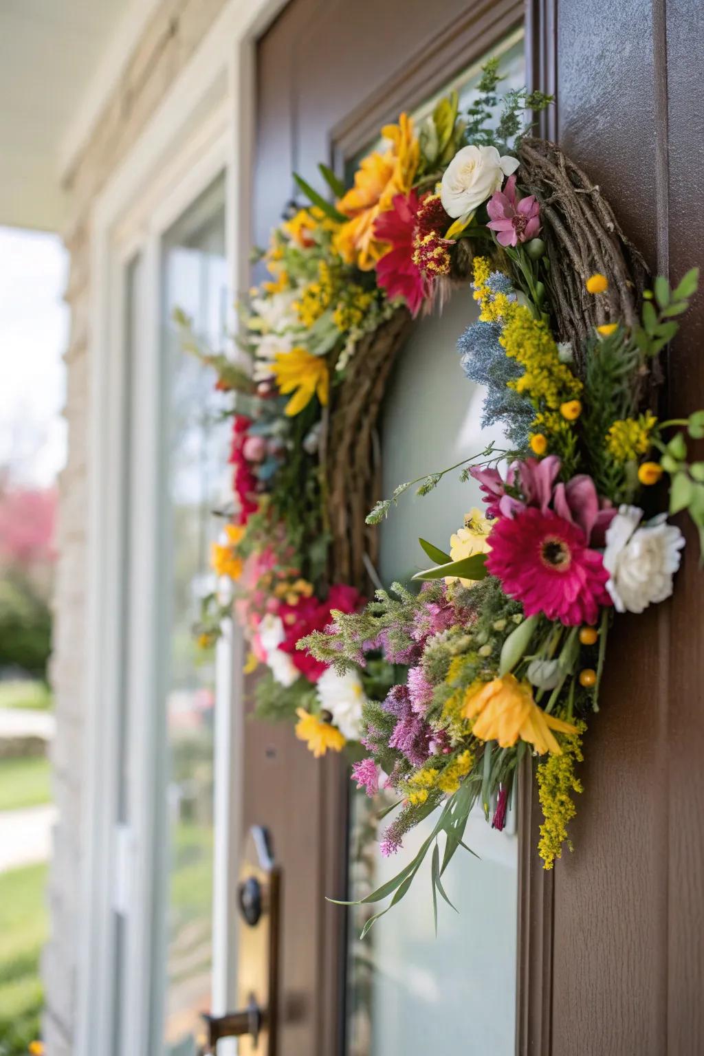 A vibrant floral wreath welcomes spring at the front door.