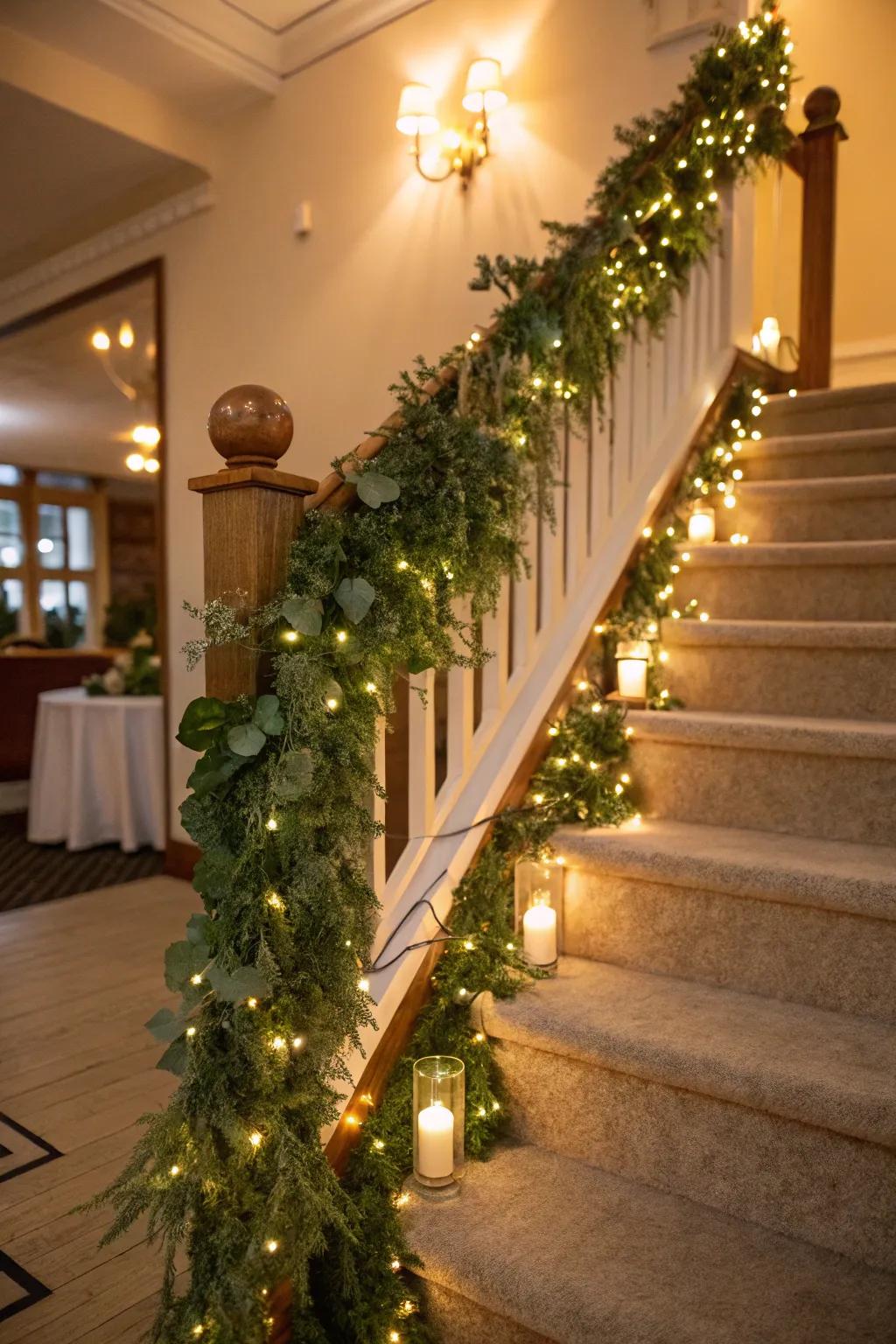 A staircase adorned with a lush garland and twinkling fairy lights.