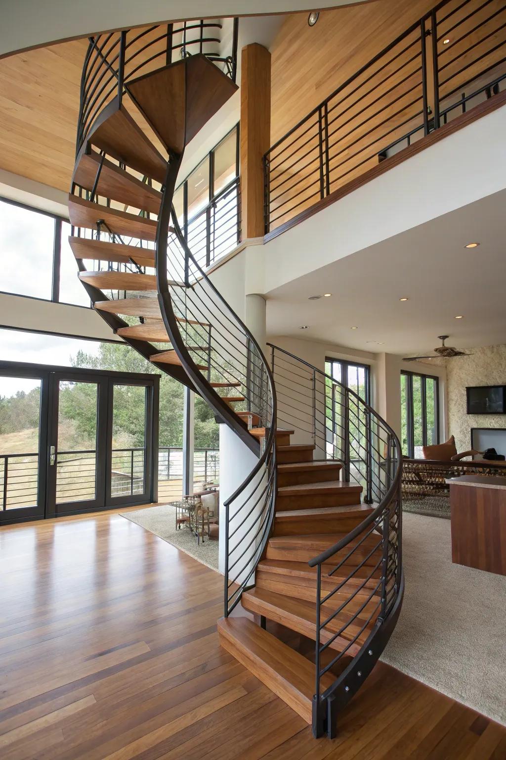 A bold spiral staircase that serves as a stunning architectural feature.