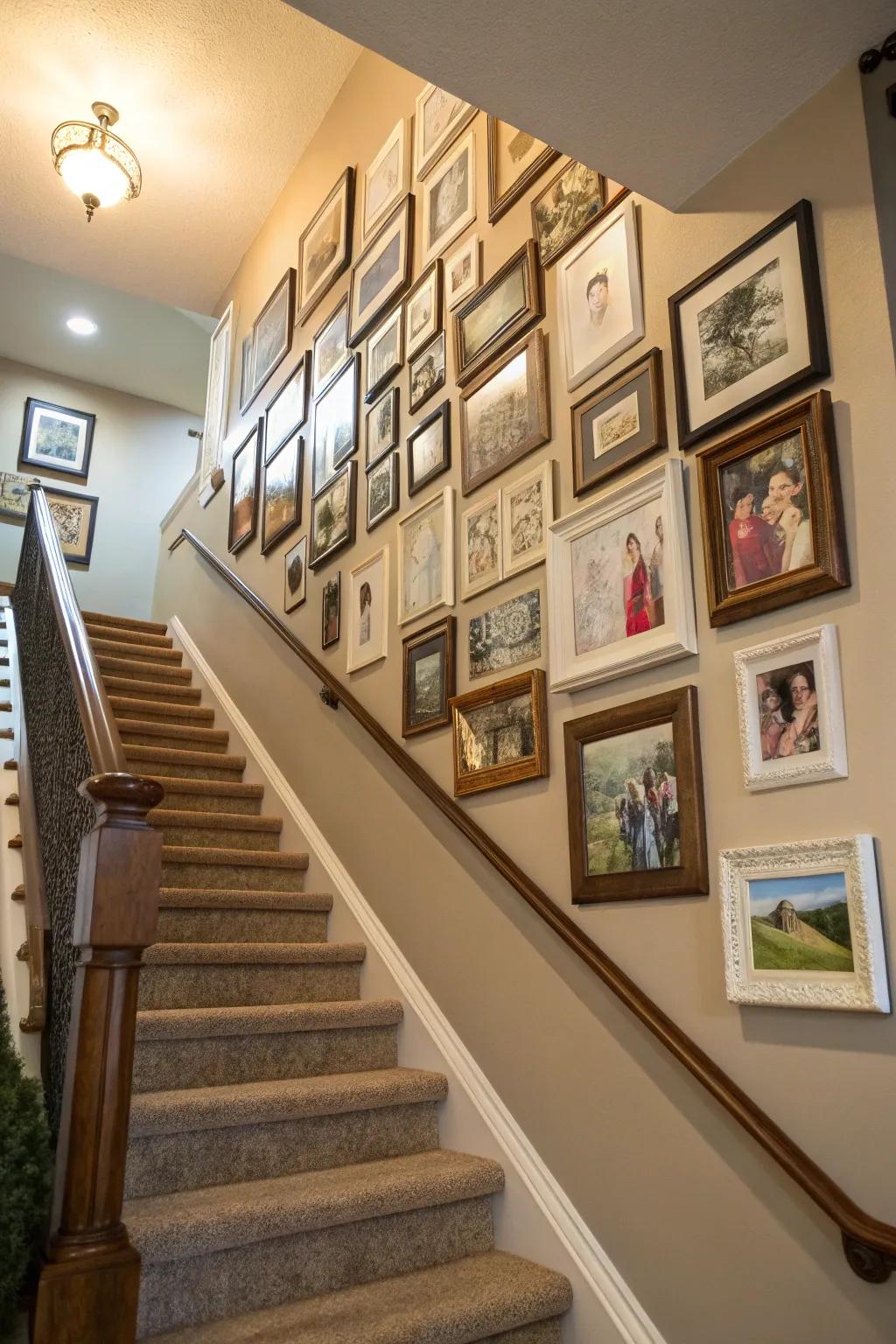 A personal gallery wall beautifully adorns the stairway.