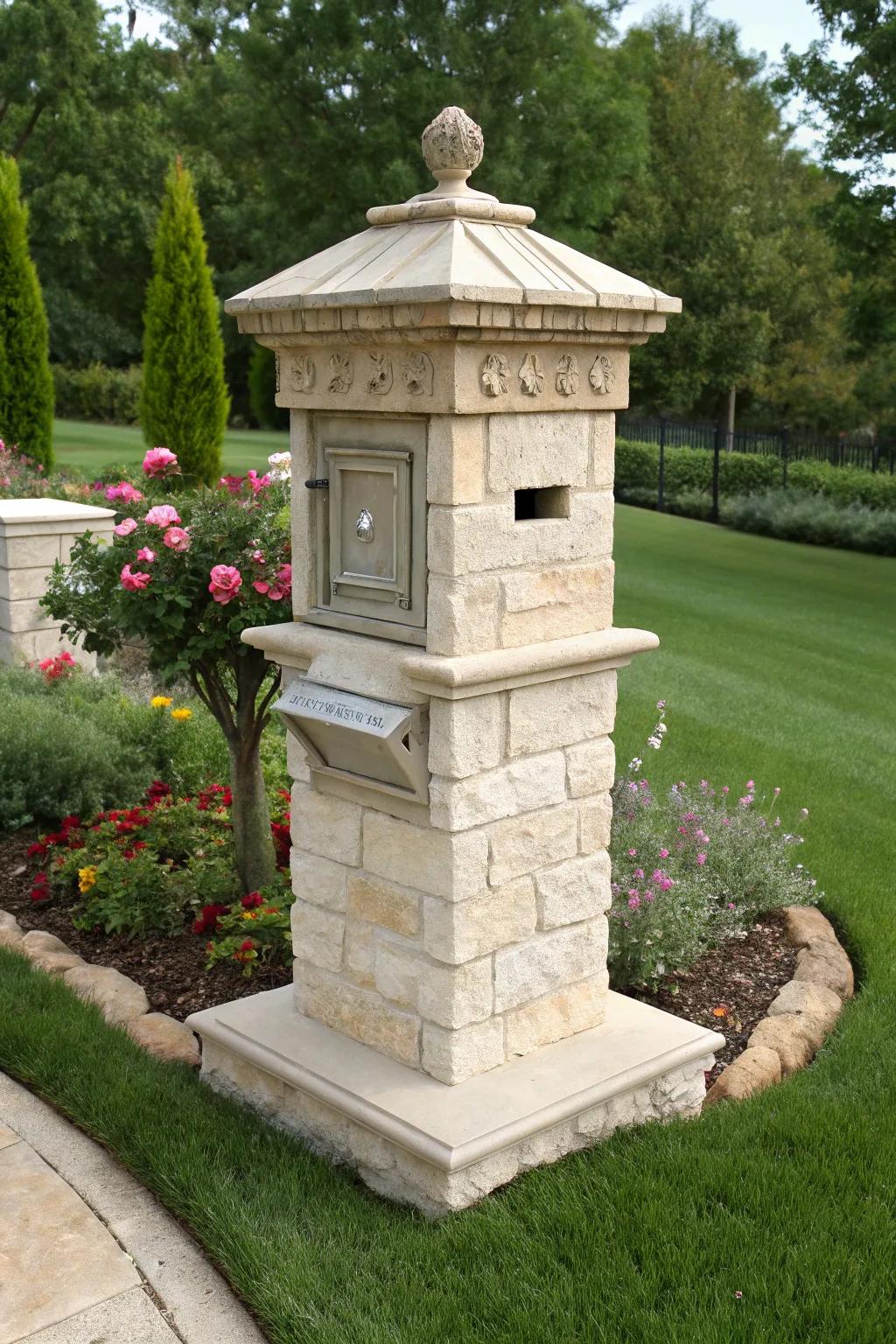 Limestone mailboxes offer classic elegance with a rustic touch.