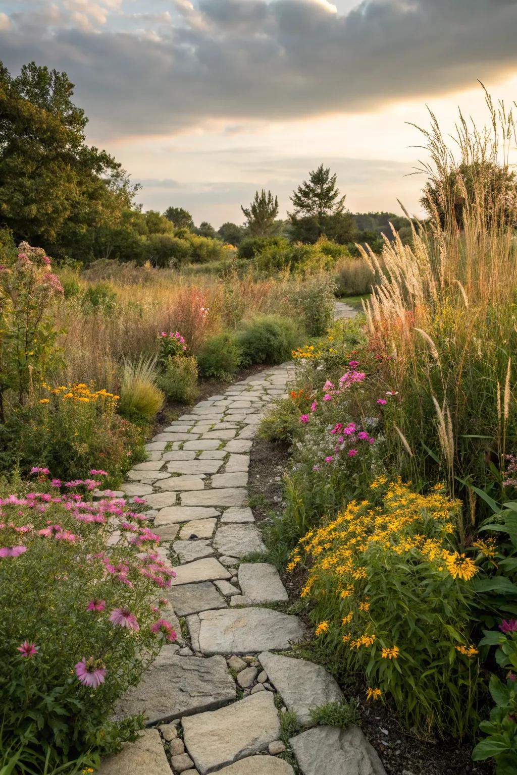 A rustic flagstone path adds natural charm to any garden setting.