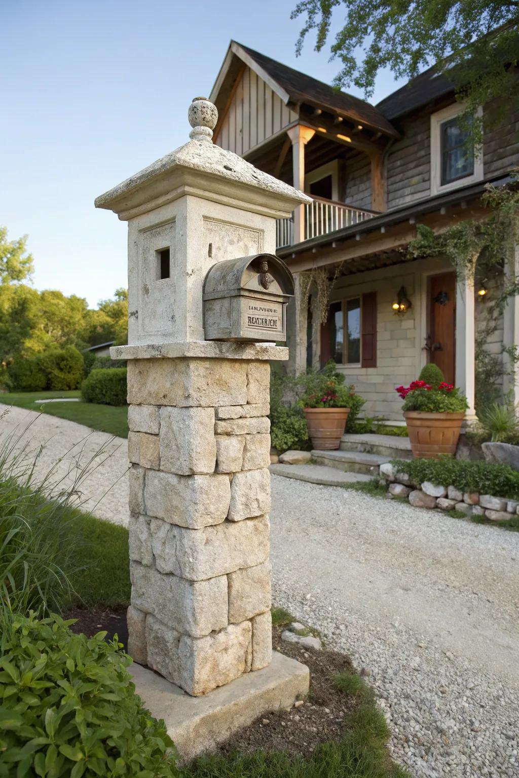 A charming limestone mailbox pillar exuding rustic elegance.