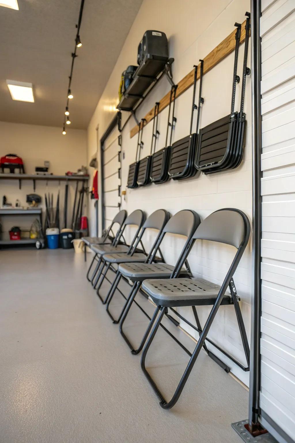 Make the most of vertical space with wall-mounted racks for your folding chairs.