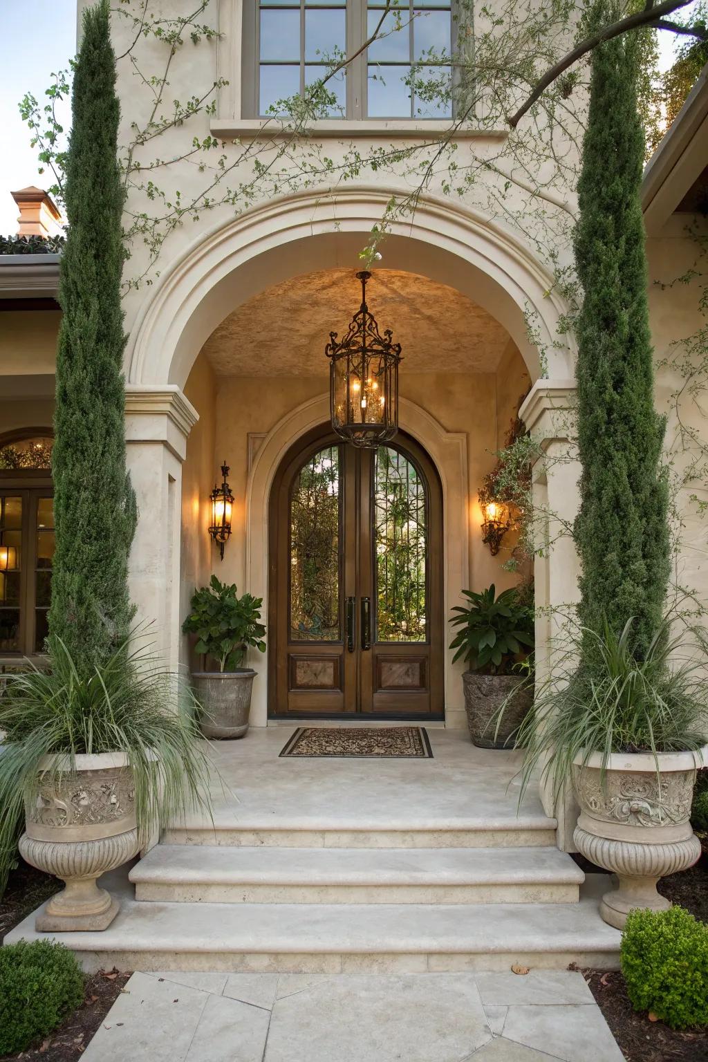 A grand entrance with an arched doorway that enhances the porch's elegance.