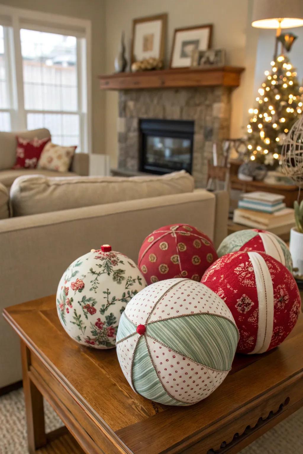 Elegant fabric-covered styrofoam ball ornaments add a personal touch.