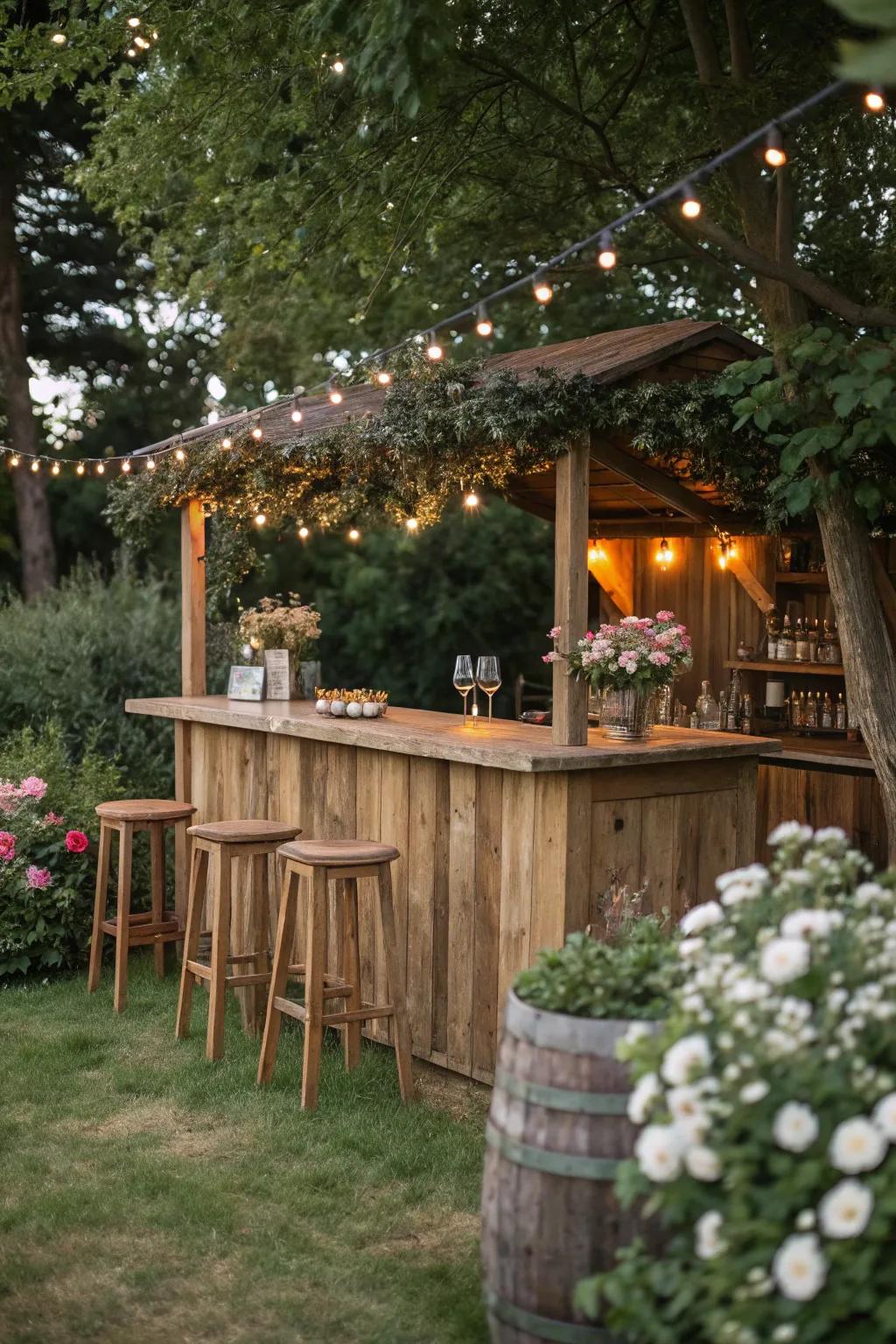 A rustic wooden bar adorned with fairy lights creates a warm and inviting atmosphere.