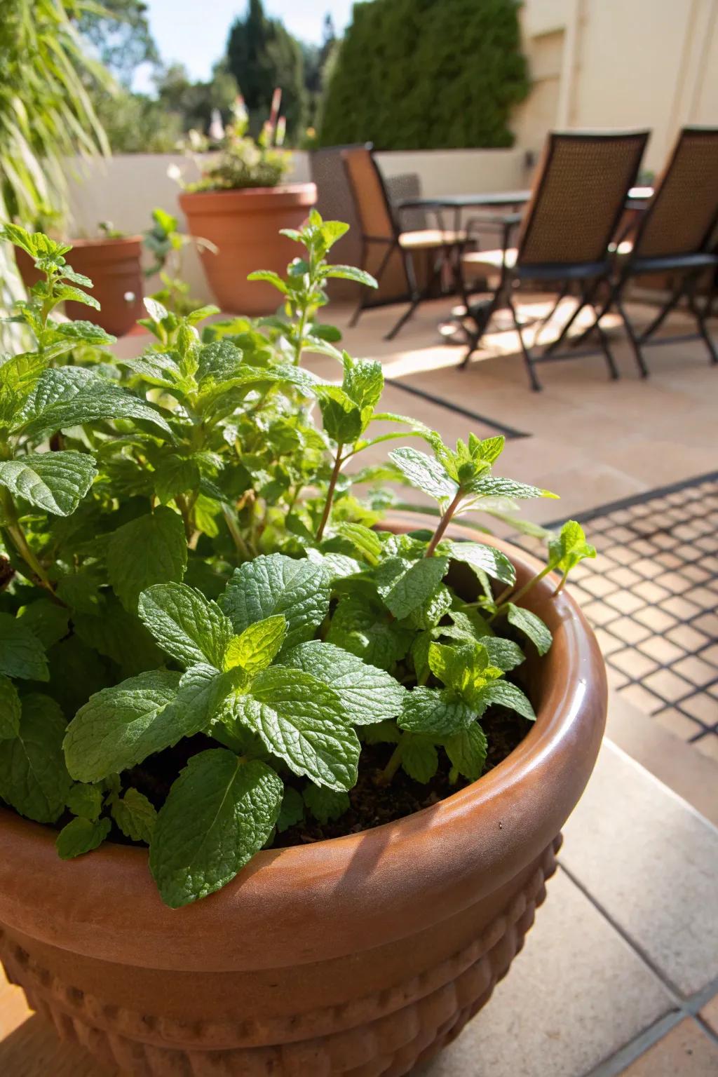 Lush mint sprigs overflowing in a sun-drenched terracotta pot, poised to infuse a rejuvenating cup of tea.