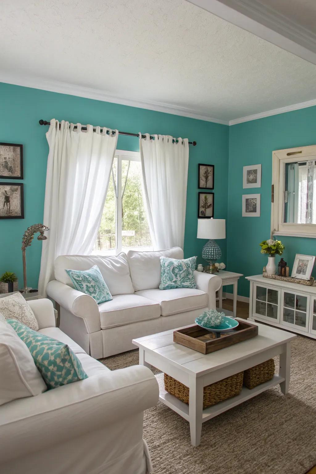 Teal walls make a bold statement, balanced by crisp white accents.