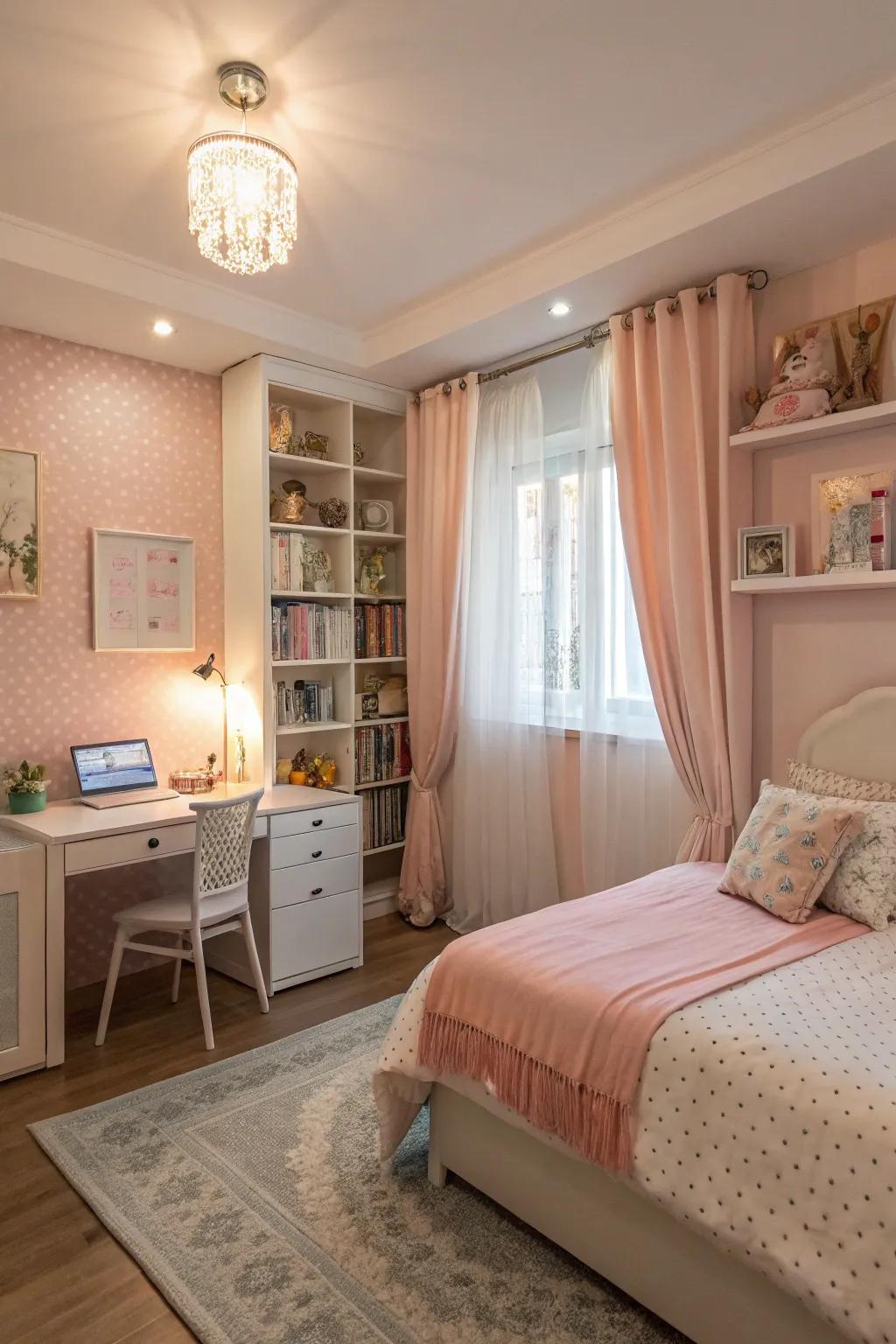 A serene teen girl bedroom featuring soft pastel colors for a calming effect.