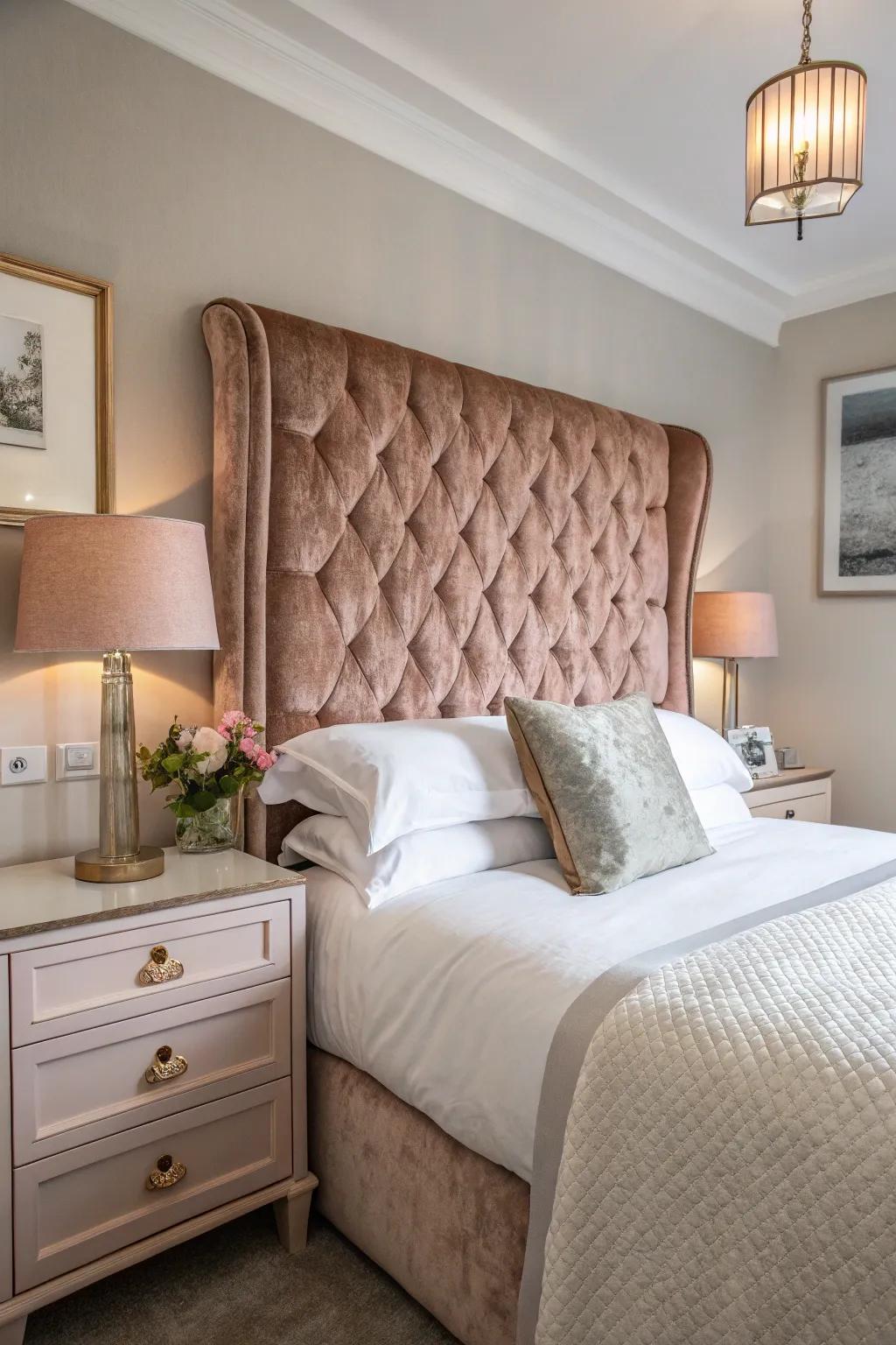 A rose gold headboard as the room's centerpiece can transform the space.