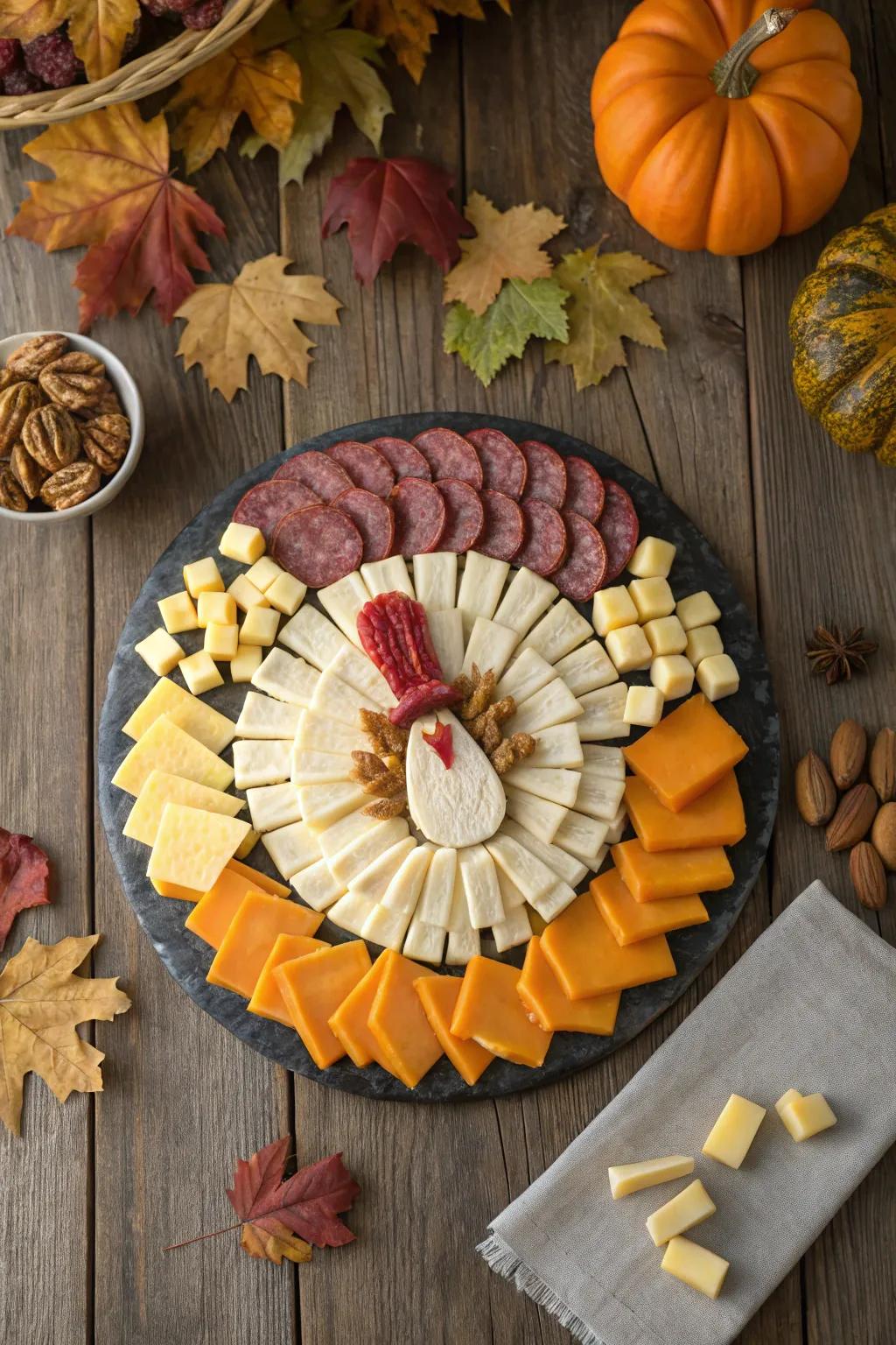 A turkey-shaped cheese platter perfect for Thanksgiving gatherings.