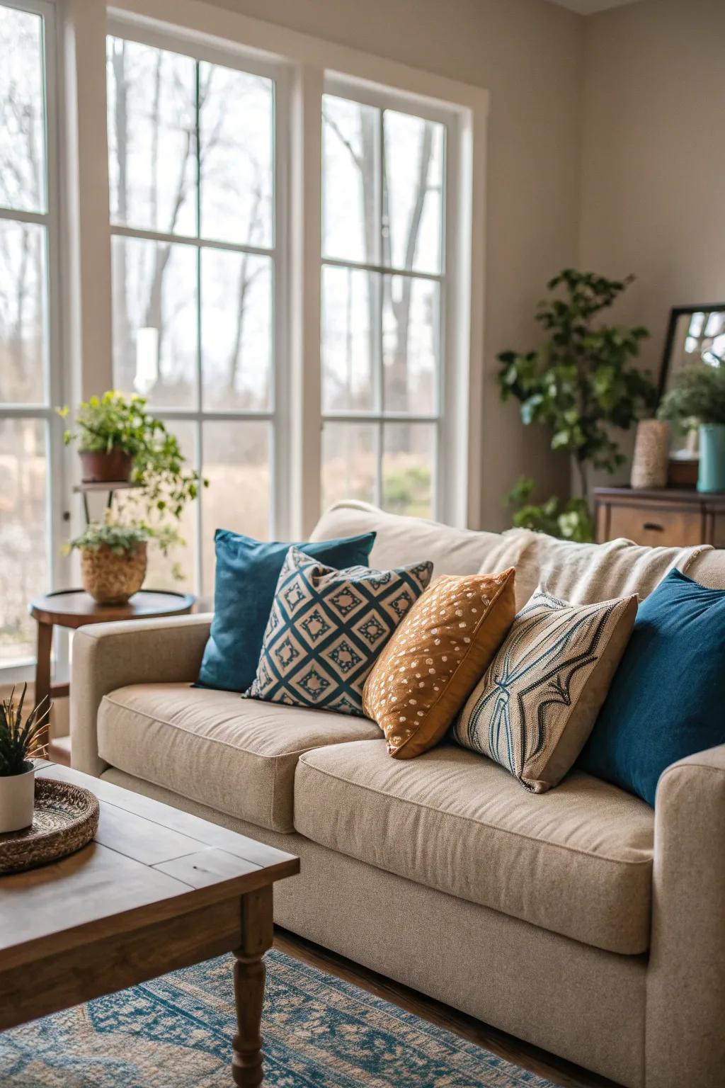 A harmonious display of blue, neutral, and earthy-toned pillows enhancing the room's aesthetic.