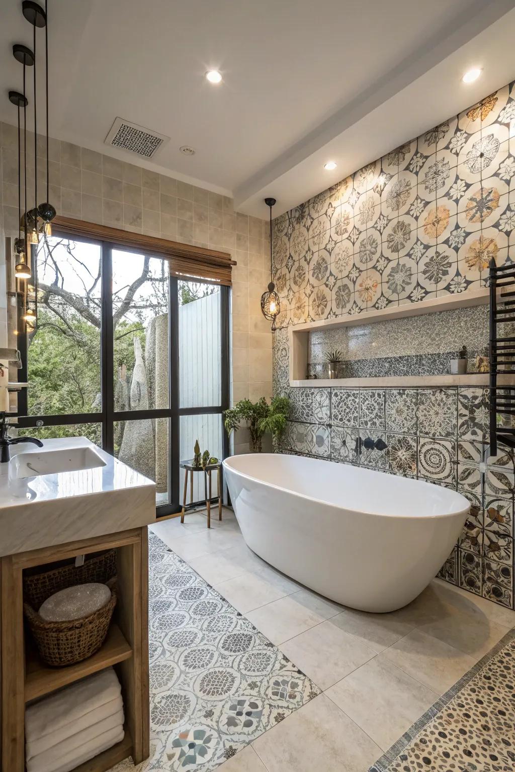 Create a spa-like retreat with a freestanding tub and elegant tiles.