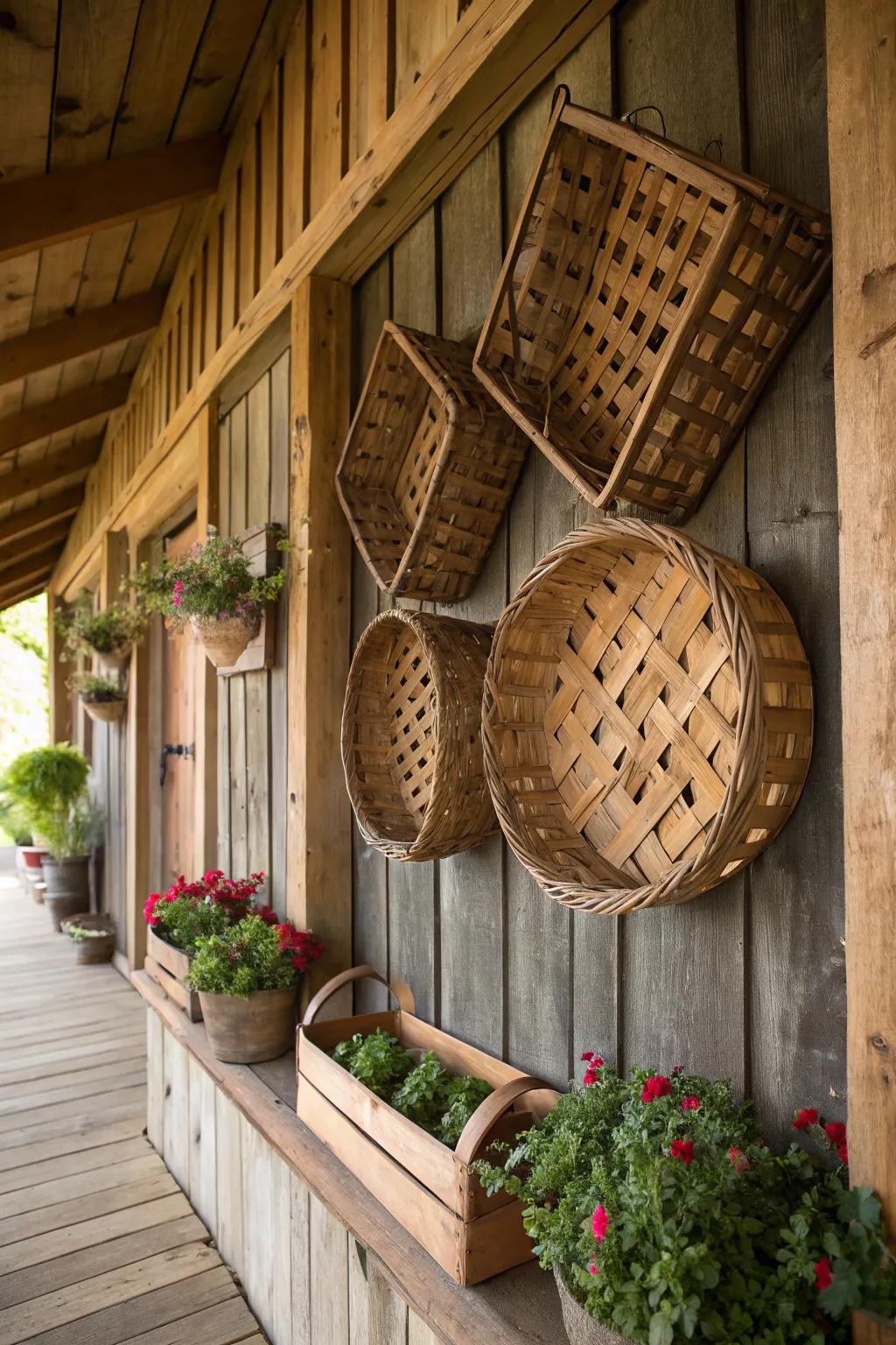 A farmhouse feature wall showcasing a geometric arrangement of feed sacks.