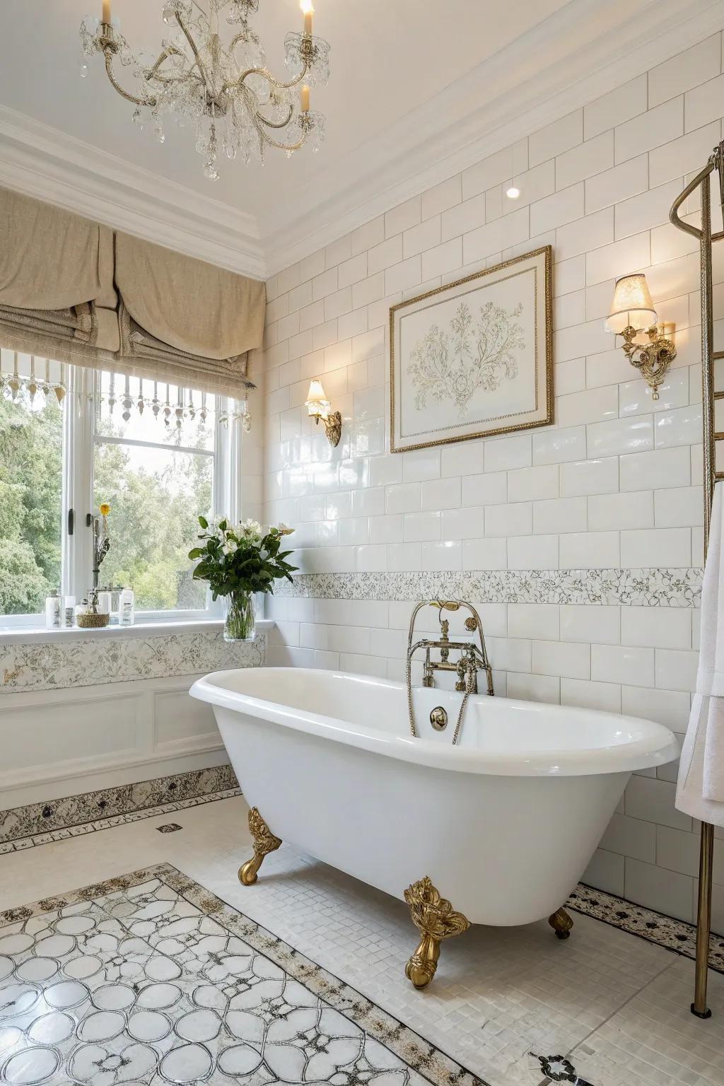 An elegant white bathroom featuring a freestanding clawfoot bathtub as the centerpiece.